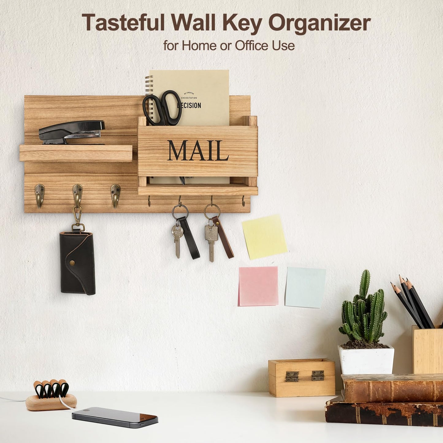 Lwenki Mail Organizer for Wall Mount – Key Holder with Shelf Includes Letter Holder and Hooks for Hallway Farmhouse Decor – Rustic Wood with Flush Mounting Hardware (16.5” x 9.1” x 3.4”) (Wood)