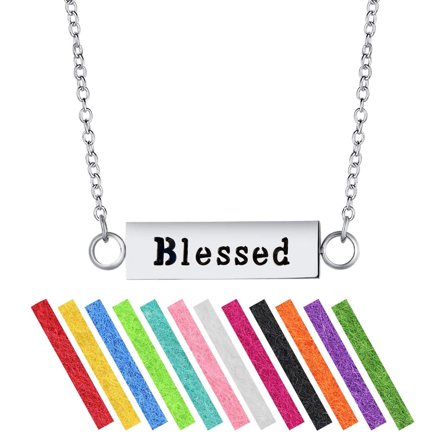 Wild Essentials "Blessed" Essential Oil Diffuser Bar Necklace Gift Set - Includes Aromatherapy Pendant, 24" Stainless Steel Chain, 12 Color Refill Pads