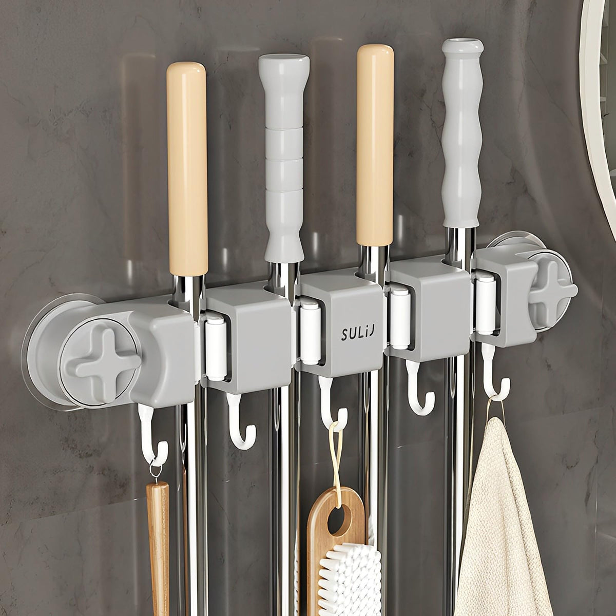 Broom Holder Wall Mount Sturdy Mop and Broom Organizer with 4 Racks and 5 Hooks Vacuum Suction Cup Broom Mop Holder for Home