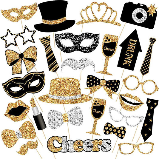 30 Pieces Black Golden Photo Booth Props for Birthday Wedding New Year Party,Mix of Hats, Mask, Lipstick, Tie, Crowns and More Funny Selfie Props