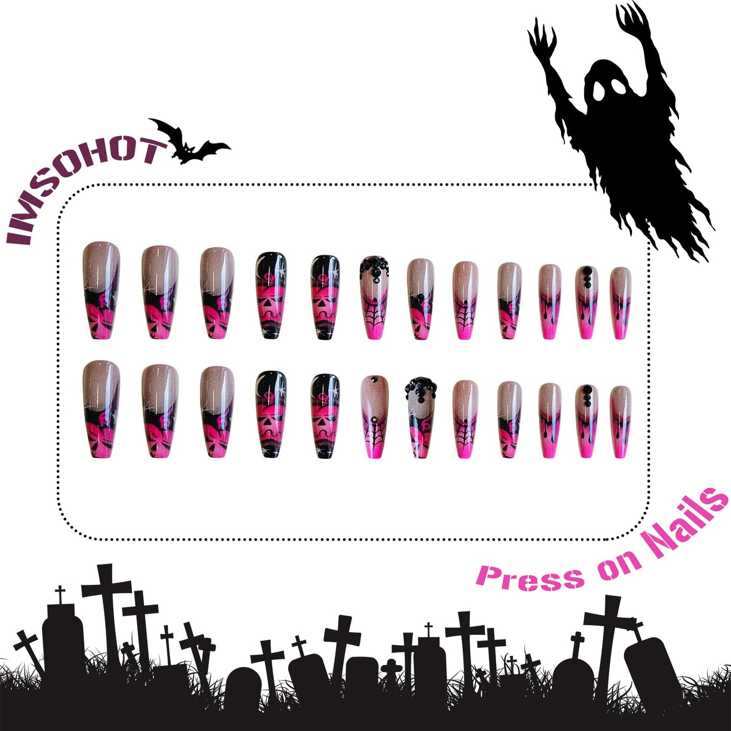 IMSOHOT Halloween Long Coffin Press on Nails, Pink Black with Spider Web & Pumpkin Acrylic Nails, 24PCS