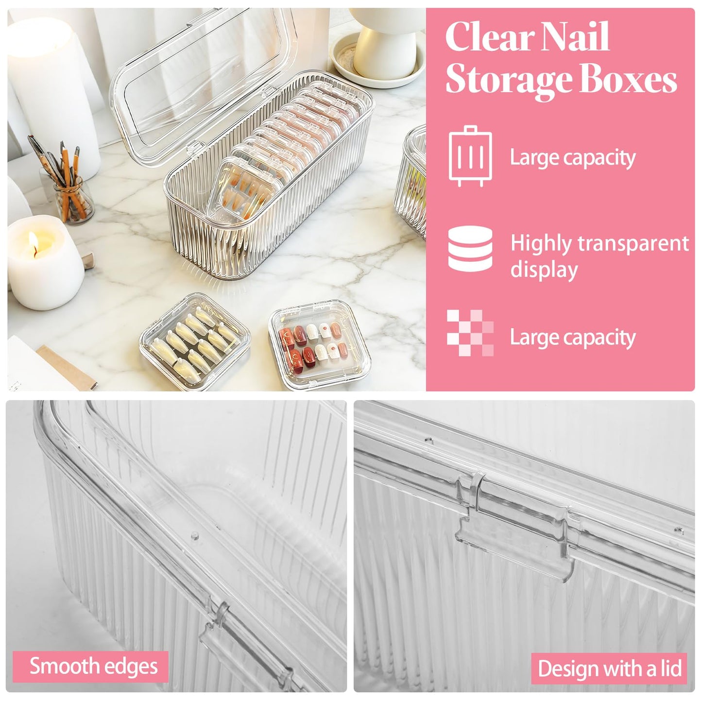 ASelected 24PCS Nail Storage Boxes, 25x10.9x9.2cm/9.8x3.27x2.76inch Press On Nail Organizer Boxes, Plastic Clear Press on Nail Storage with 24pcs inner nail boxes for Nail Storage and Nail Display