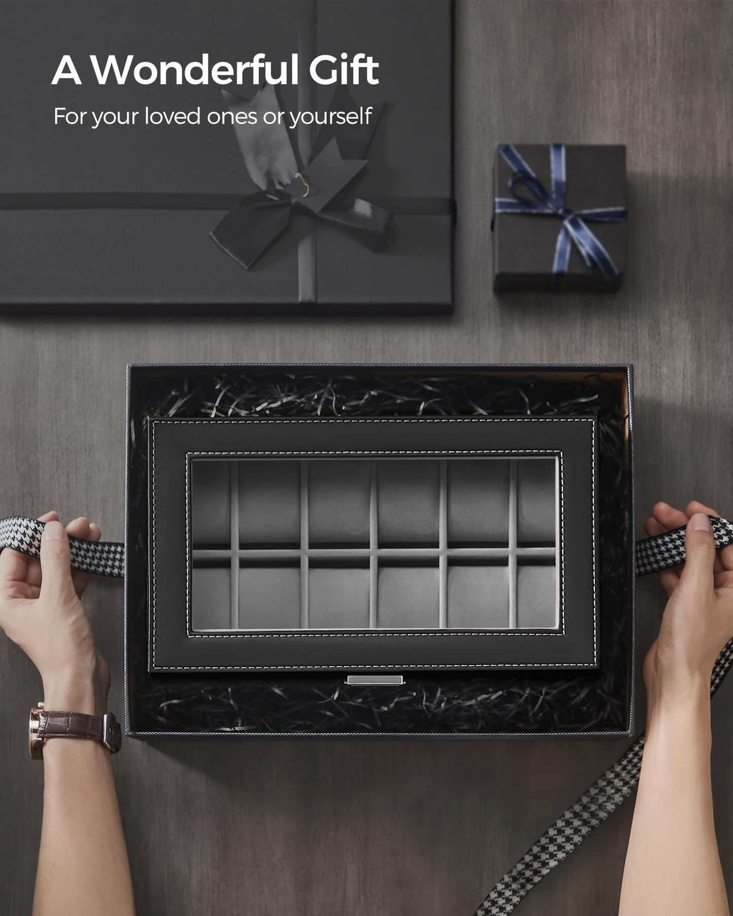 SONGMICS Watch Box, 12-Slot Watch Case Organizer with Large Glass Lid, 2 Layers, Removable Pillows, Metal Lock, Gift for Loved Ones, Black Synthetic Leather, Gray Lining UJWB012