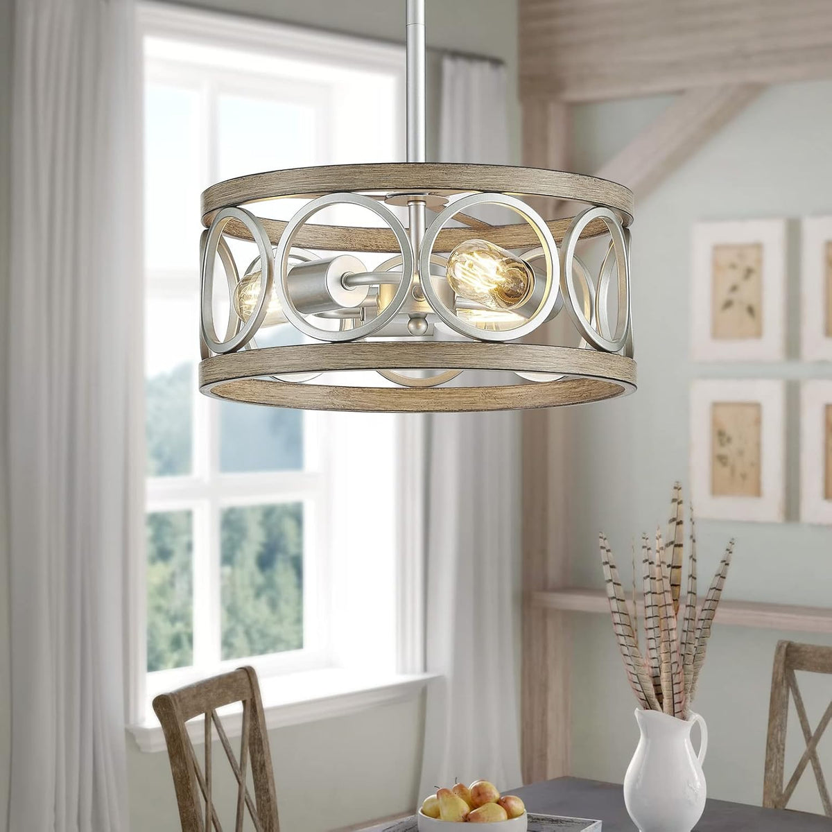 XINGQI Modern Ceiling Light Adjustable Height Pendant Lighting Fixture Brushed Nickel Wood Grain Metal 13" Rustic Round Lights for Dining Room Kitchen Bedroom Foyer Hallway