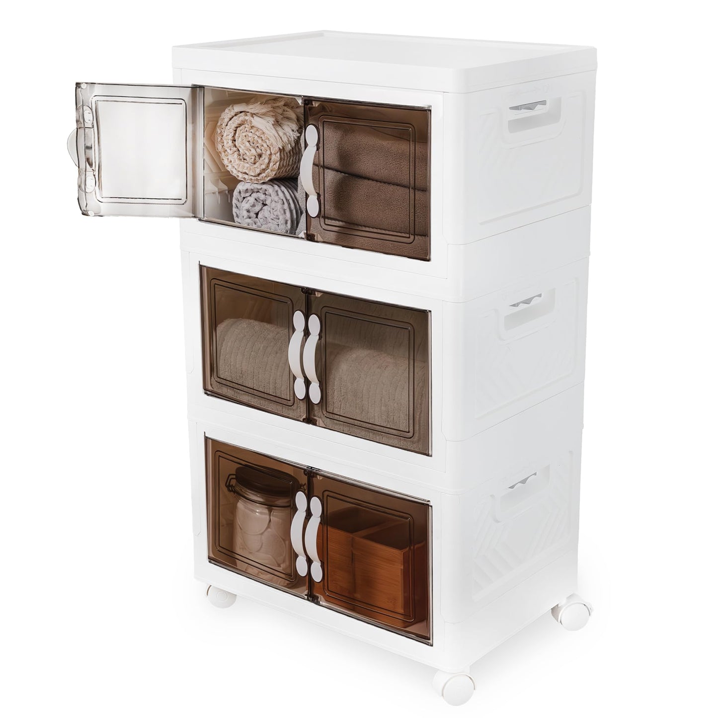 DALMAN 26QT Stackable Storage Bins with Lids - 3 Tier Wheeled Shelf Organizer Plastic Containers with Lids - Multipurpose Storage and Organization Shelving Unit with Magnetic Closure