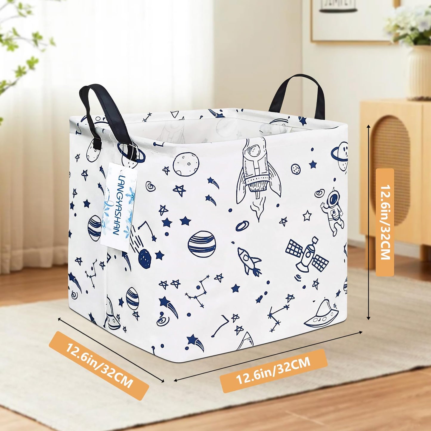 LANGYASHAN Square Storage Baskets Waterproof Canvas Children Laundry Nursery Hamper for Shelves Gift Baskets Toy Organizer Room Decor (Square spaceship)