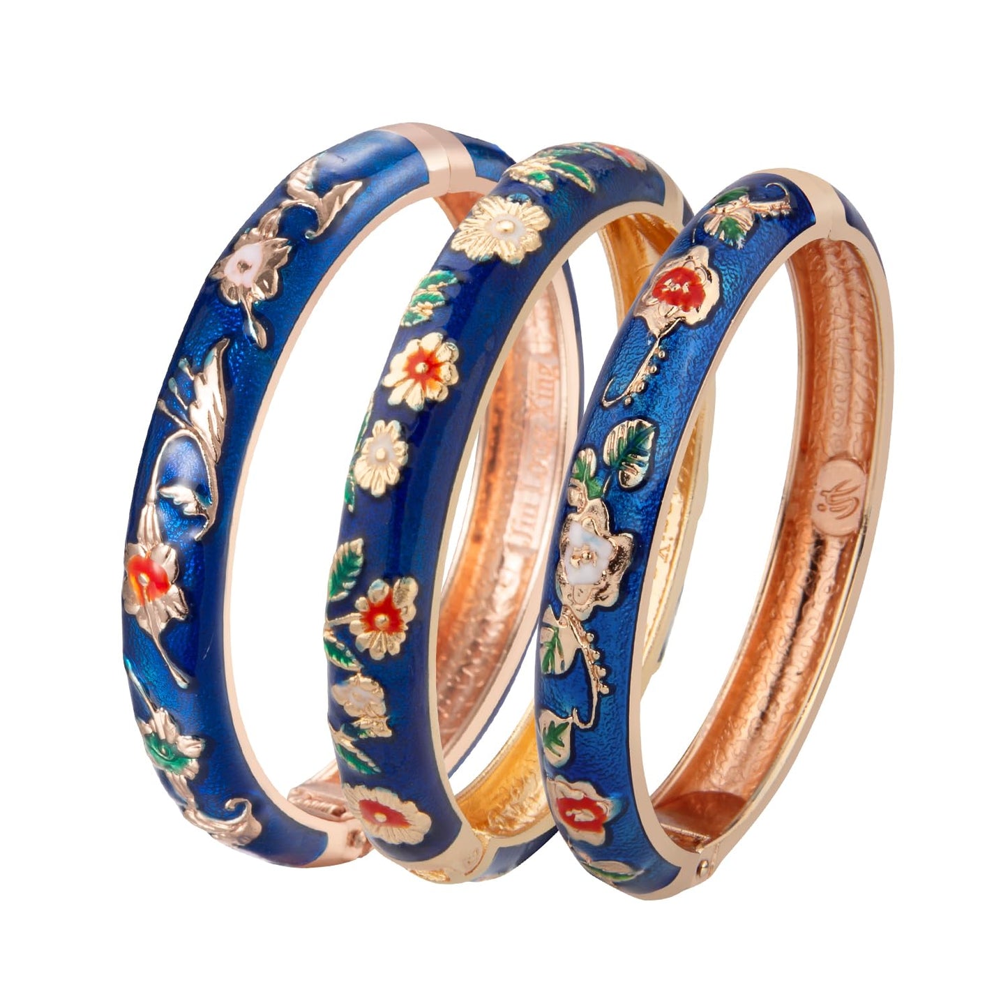 UJOY Womens Multi-Colors Cloisonne Bracelet Gold Plated Flower Enameled Hinged Cuff Bangles Jewelry Gift 55A-3PCS Navy Blue