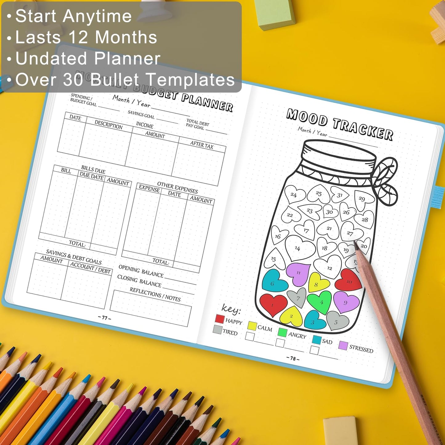 Premade Bullet Style Notebook with Undated Weekly & Monthly Planner, Dotted Journal with Pre-made Bullet Planner Stencils, Dot Grid Journaling with Habits & Mood Tracker, 12 Month Organization, A5