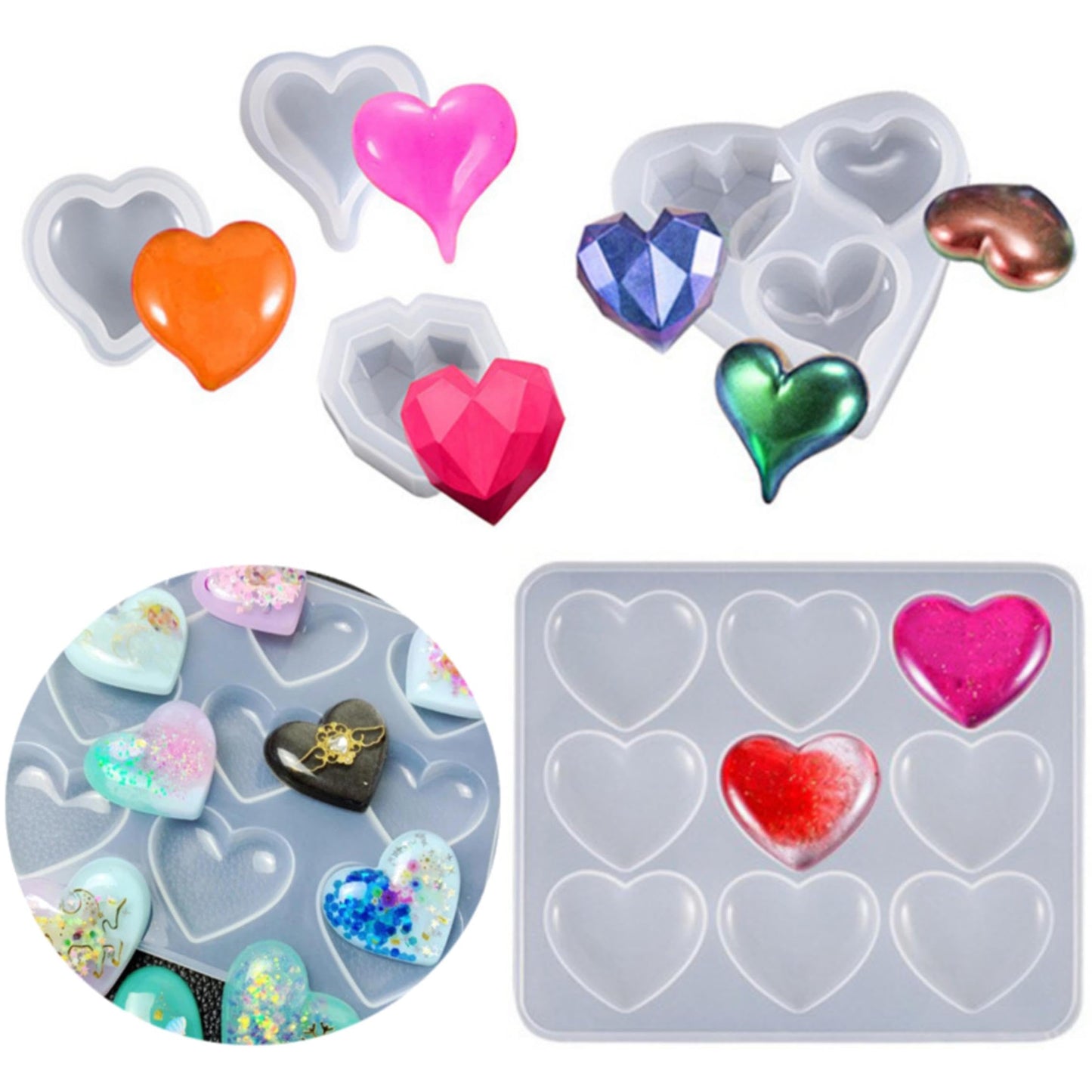 QENEQ Heart Shape Resin Silicone Molds 5 Set 3D DIY Art Shapes Shiny Multifunctional Handmade Tool Agate Jewelry Pendant Home Decor Soap Candle Valentine Gift