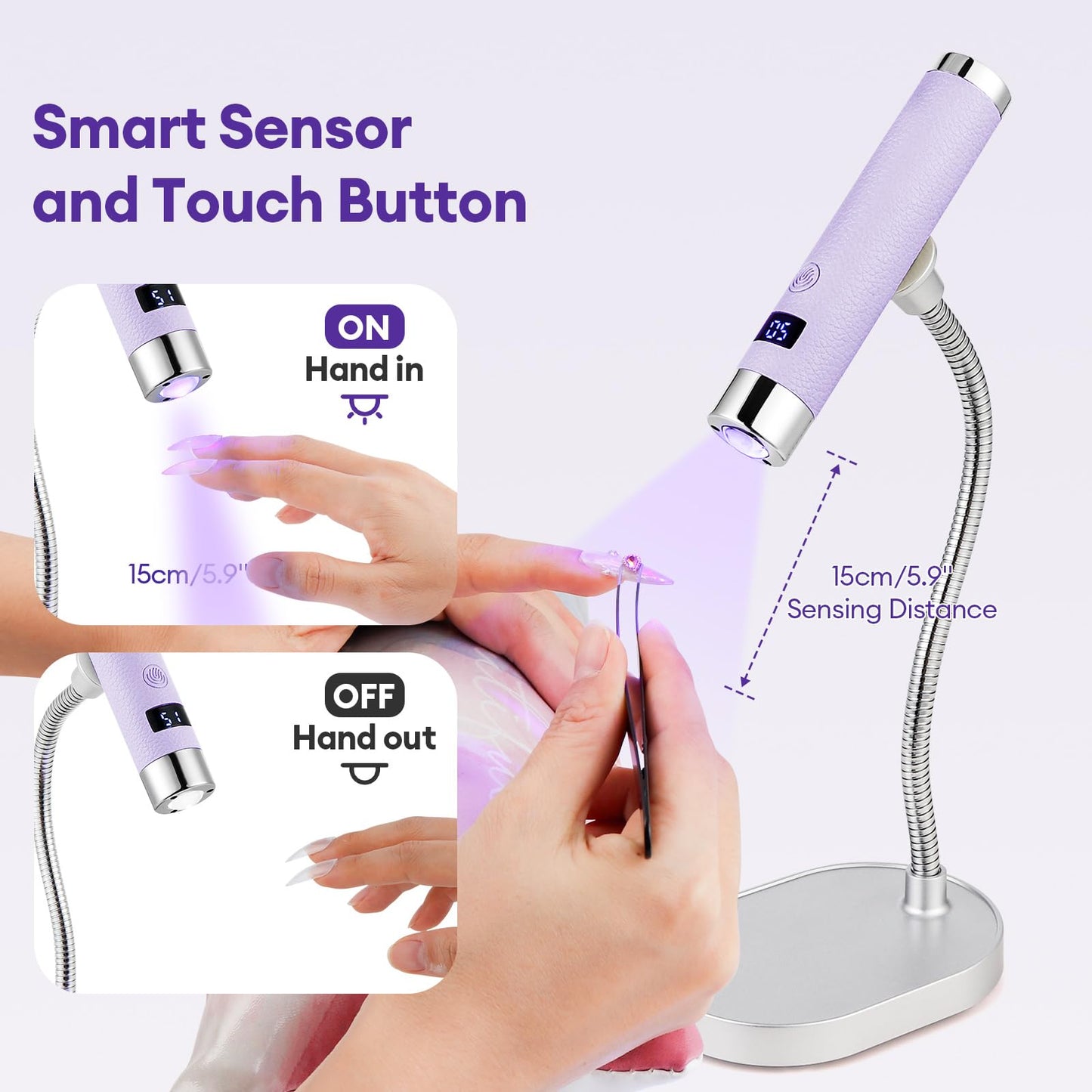 LIARTY UV Nail Lamp Cordless: Mini Rechargeable Auto Sensor LCD Display 2 Timers - Gooseneck Flash Curing Light Pen for Gel Nails Polish with Base (Purple)