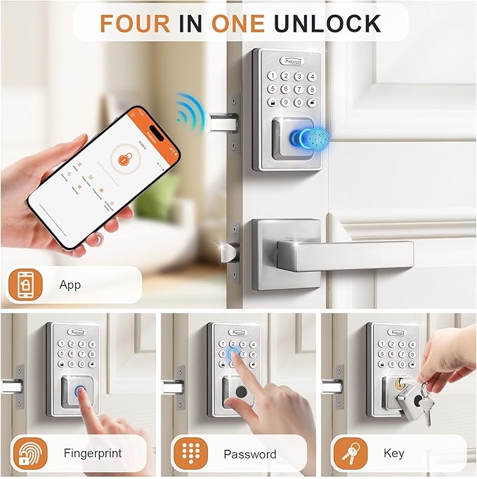 Probrico Keyless Entry Door Lock Smart Locks for Front Door, Keypad Door Lock with Handle Fingerprint Deadbolt with Handle Set, Satin Nickel Smart Deadbolt