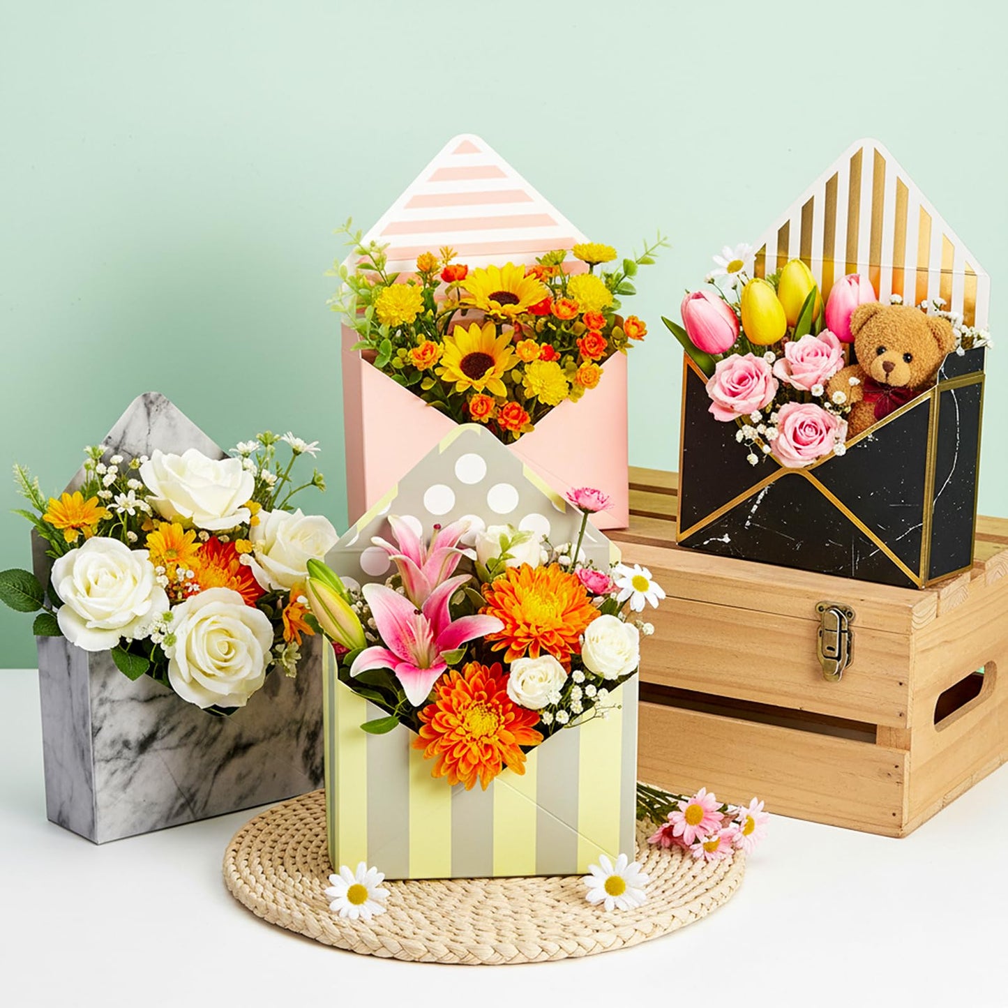 Elsjoy Set of 10 Florist Bouquet Envelope Boxes, 10 Styles Flower Bouquet Packaging Gift Paper Boxes for Wedding, Valentine's Day, Mother's Day