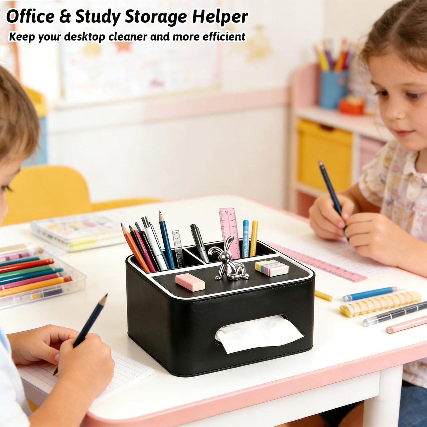 PU Leather Tissue Box Cover Square - Multifunctional Tissue Box Holder with Storage, Tissue and Remote Control Holder Organizer with Compartments for Bedroom Nightstand, Desk, Living Room (Black)