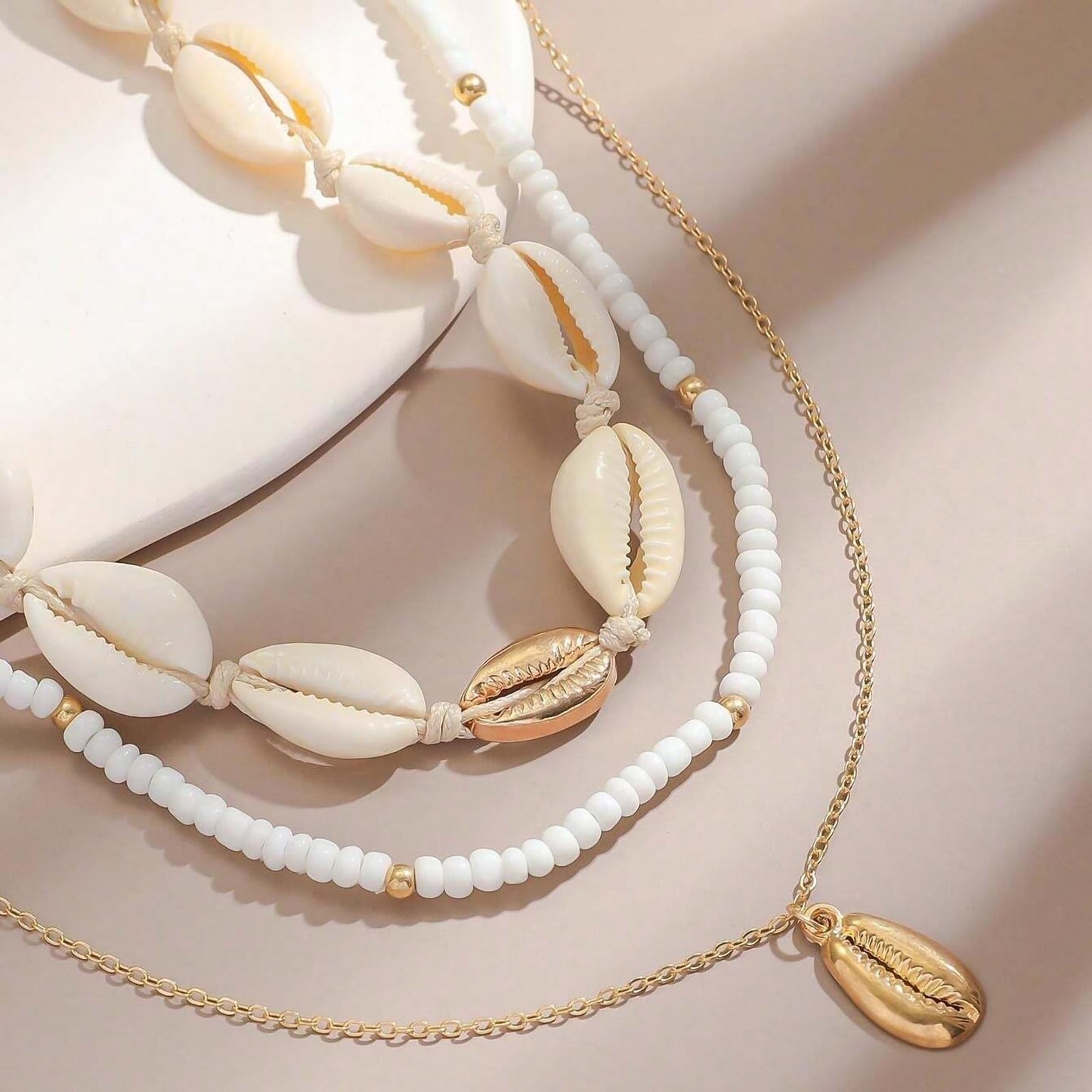 Nackiy Handmade Sea Shell Necklace Choker For Women Summer Adjustable Natural Shell Collar Necklace (Beige Braided Rope) (3 Layer)