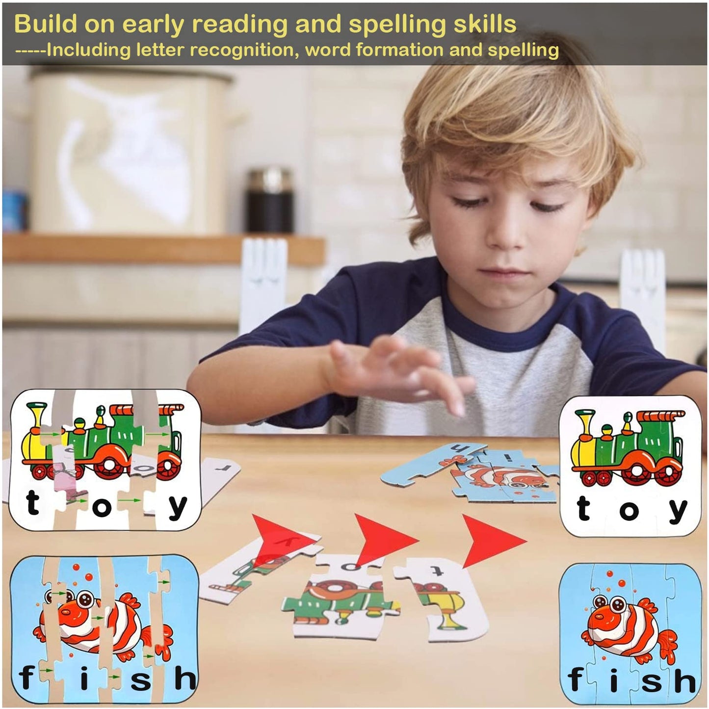 80 Words Self-Correcting Spelling Puzzles, Double-Sided Three and Four Letter Words with Matching Images, Perfect for Kids Age 3+ Year Old