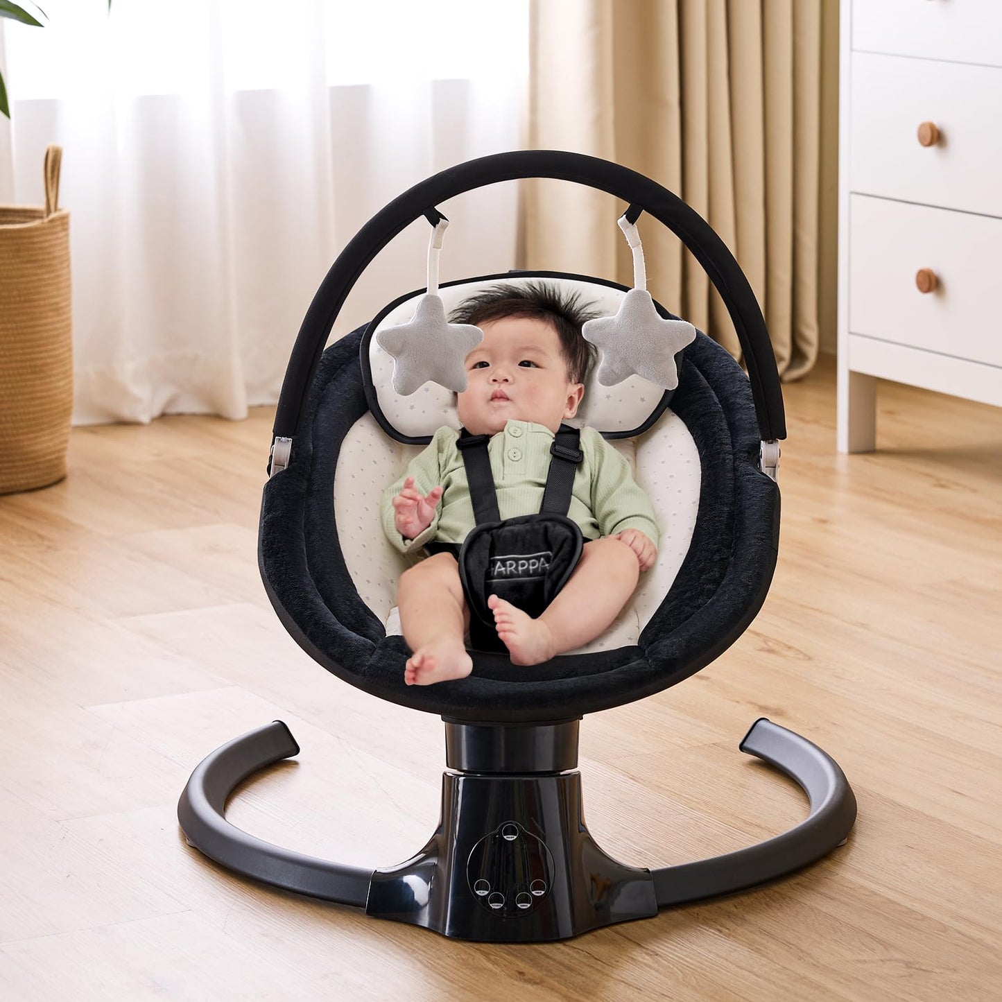 HARPPA Weddell Lite Electric Baby Swing for Infants with Music Speaker, 5 Adjustable Speeds, 5-Point Safety Harness, Timer Function, Compact Design for Indoor & Outdoor Use,Black