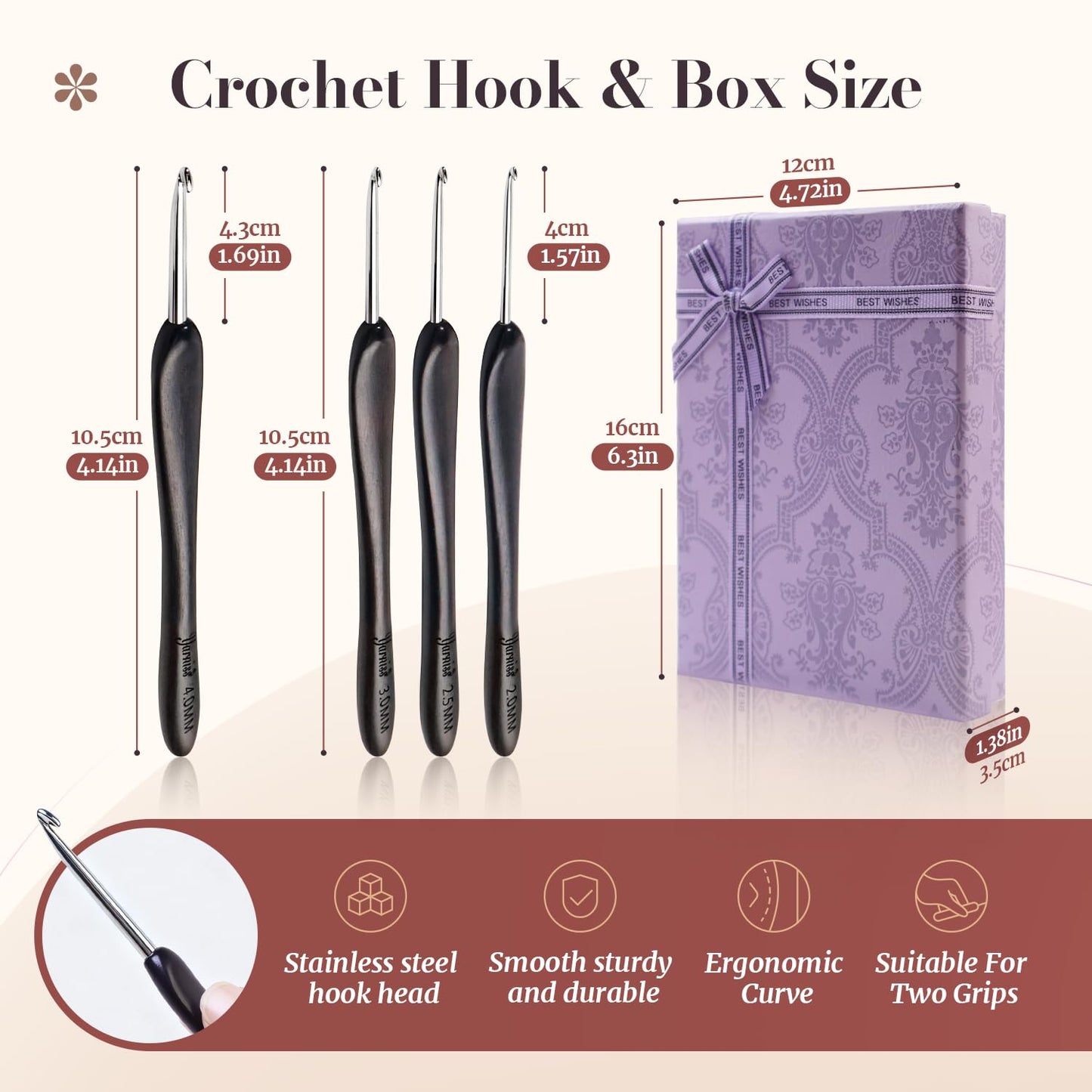 Yarniss Artisan Stainless Steel Crochet Hooks Set,2.0-4.0mm Handmade Crochet Needle with Ebony Handle for Beginners,Gift for Crocheter