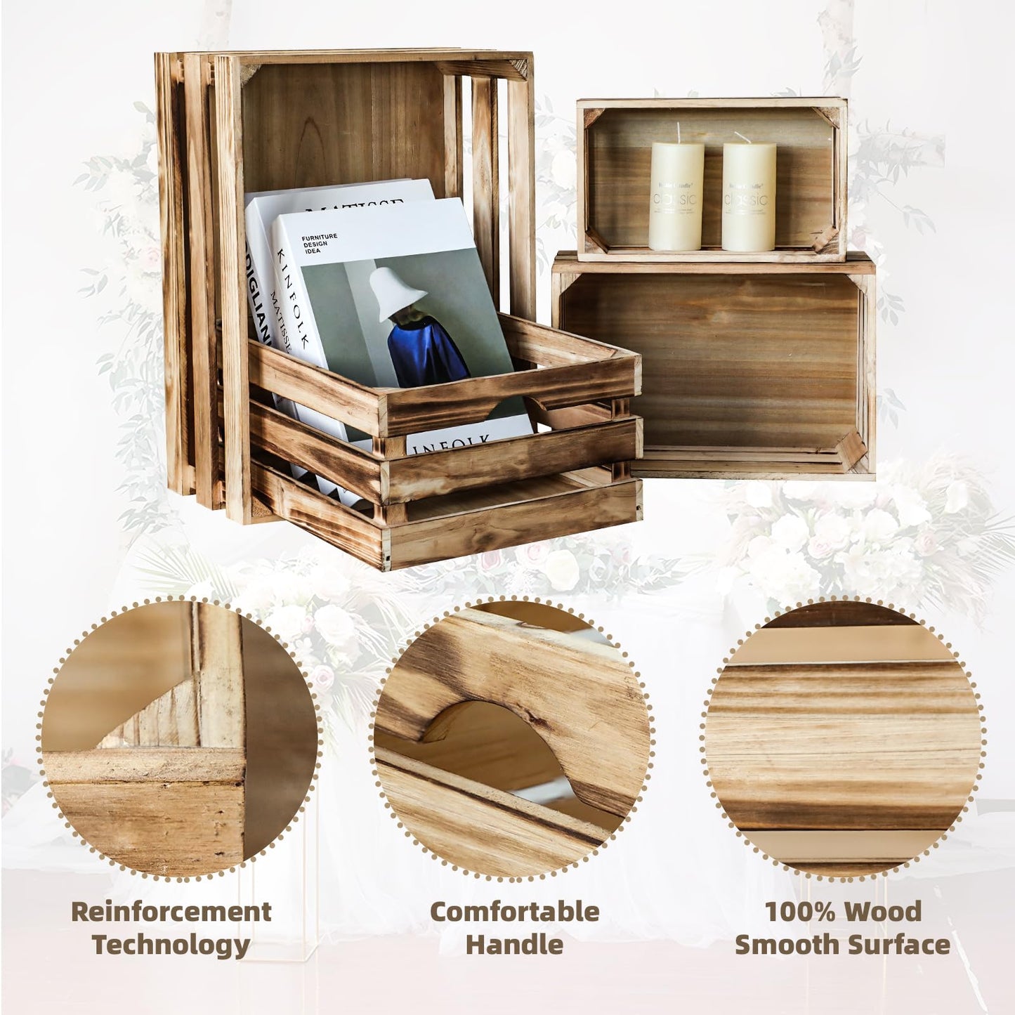 MACVAD Set of 4 Large Torched Wood Decorative Storage Crates, Nesting Wooden Crates for Display Rustic, Farmhouse Wooden Storage Container Boxes Made from 100% Wood