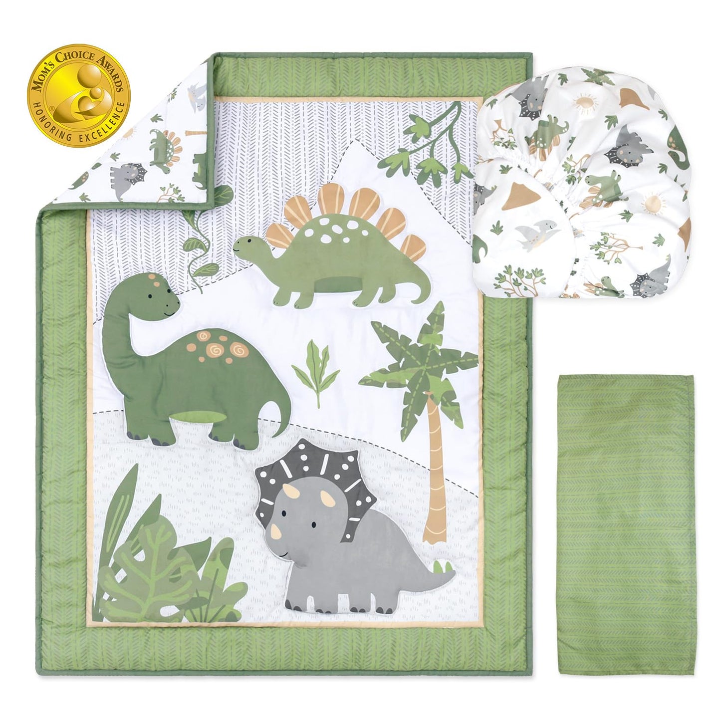 The Peanutshell 3 Piece Baby Crib Bedding Set for Boys - Newborn, Infant & Toddler Nursery Bed Set Decor with Fitted Crib Sheet, Dust Ruffle Comforter - Dinosaur Dreams
