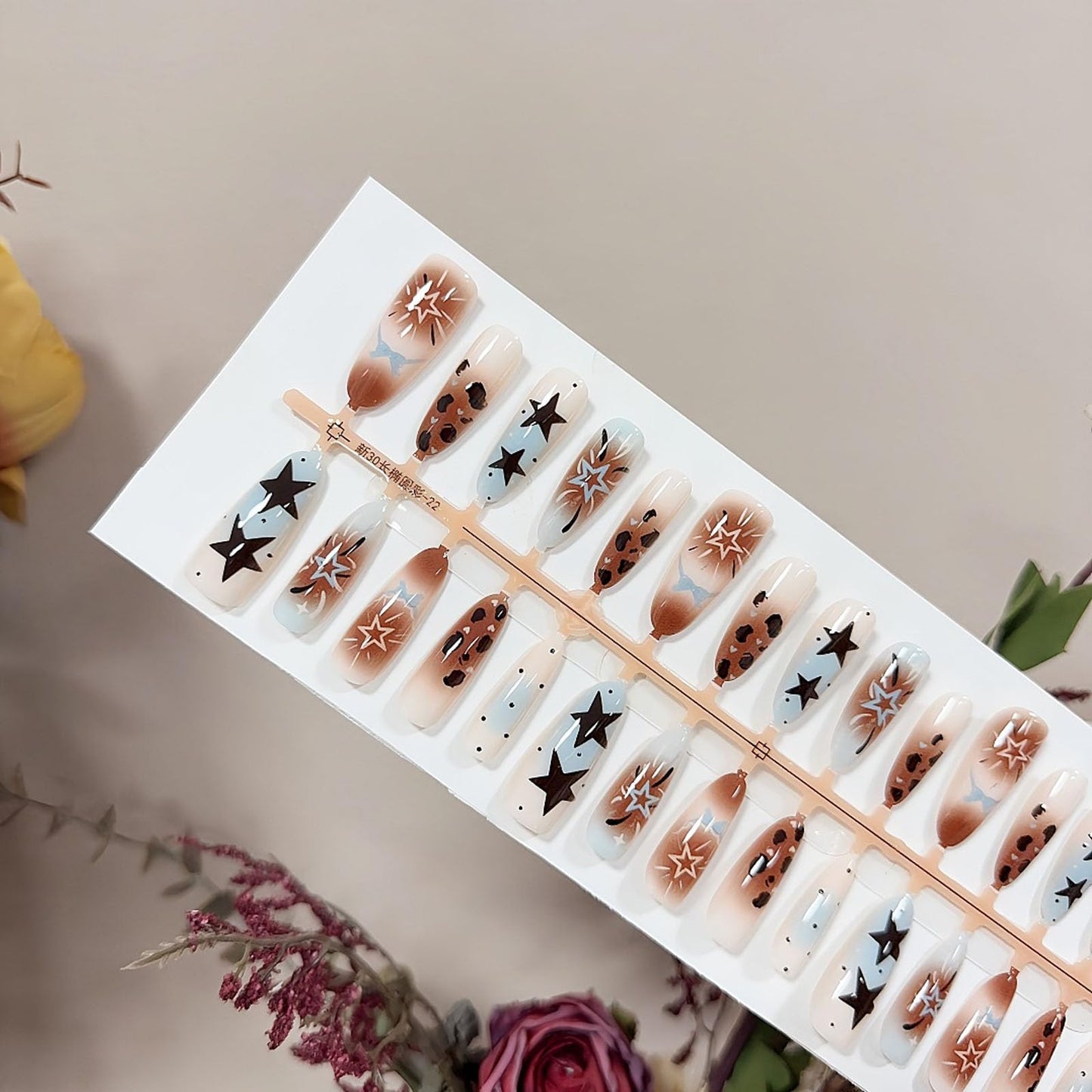 IMSOHOT Press on Nails Long Stiletto Fake Nails Glossy Brown Blue Ombre Acrylic False Nails Full Cover Leopard Print & Star Designs Glue on Nails for Women 24Pcs