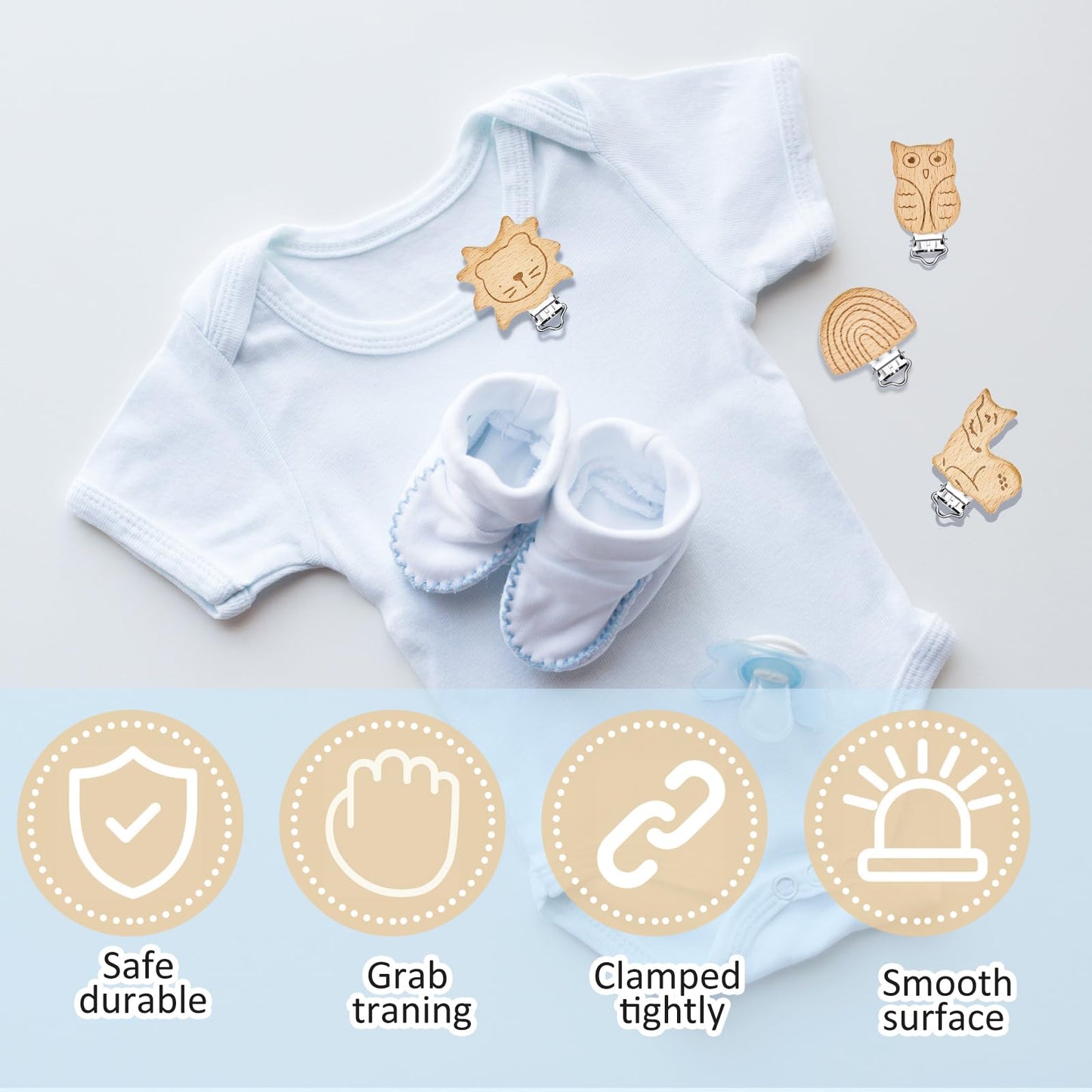 Boao 10 Pcs Wood Pacifier Clips Toy Suspender Clips Charm DIY Pacifier Holder for Baby Toddler Teething Grasping Accessory (Cute)