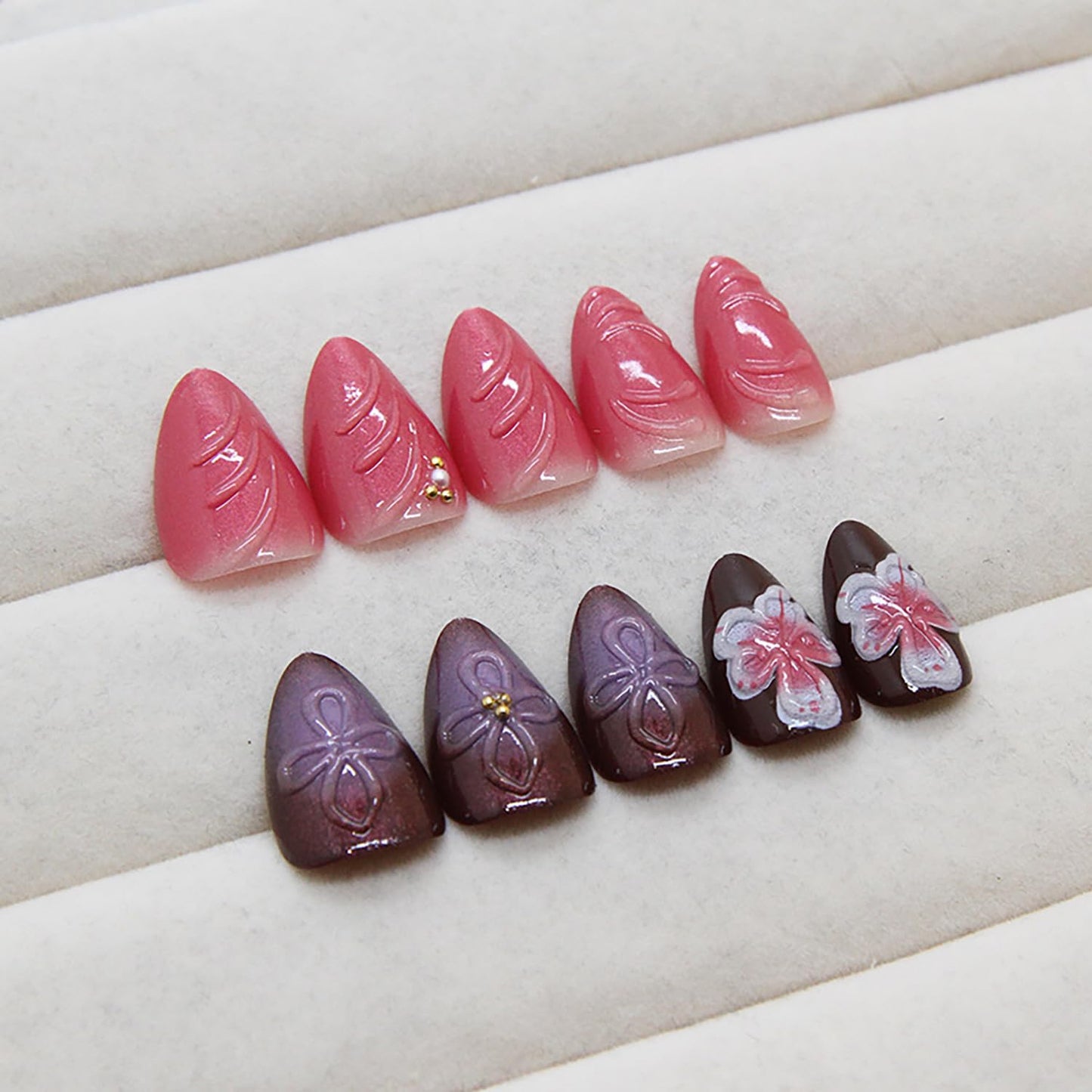 Flower Press on Nails Medium Almond 3D Stereoscopic Floral With Pearl Design Coffin Acrylic Full Cover Artificial Nails for Women