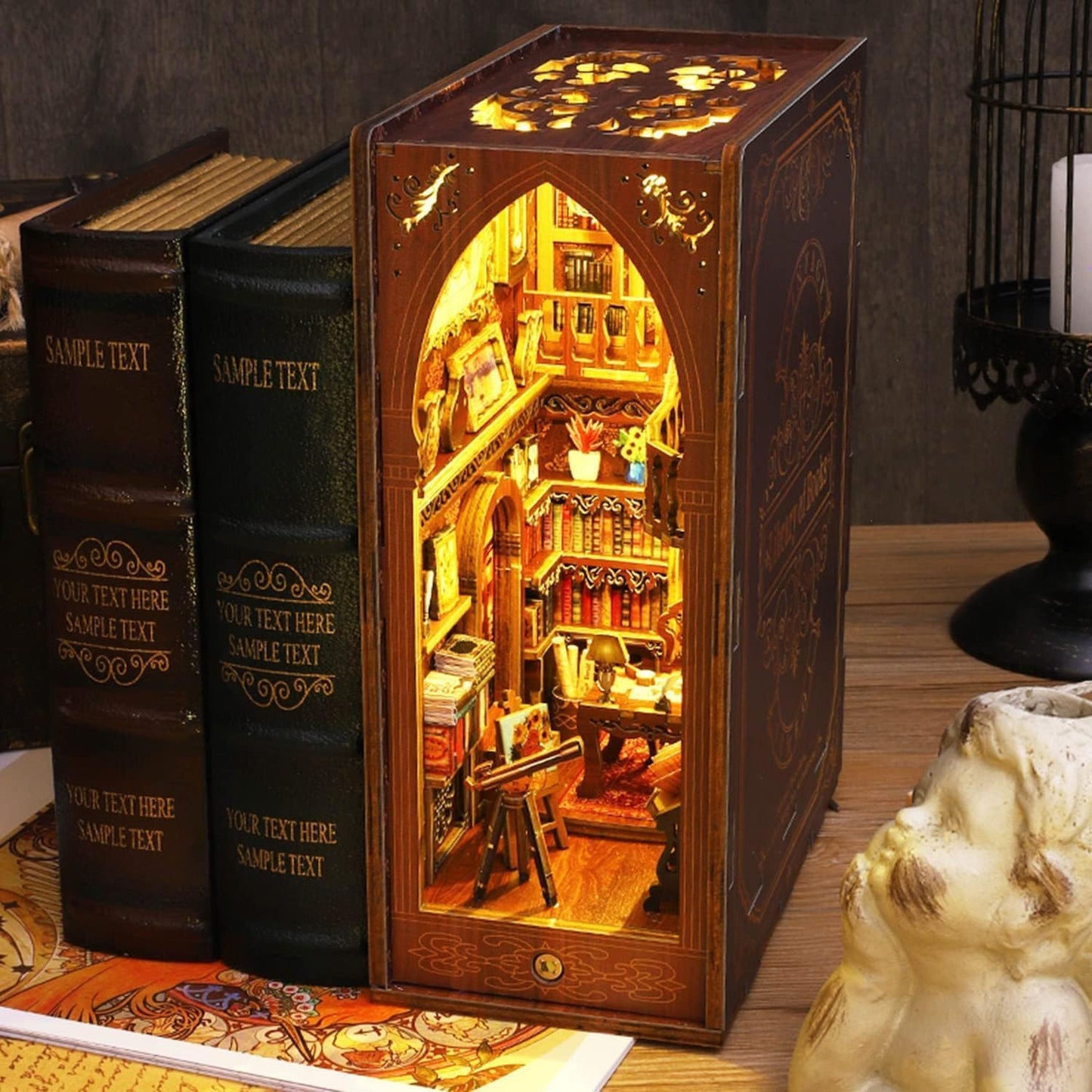 Funle Book Nook Kit for Adults, DIY Wooden Miniature House Kit, 3D Puzzle Crafts for Adults, Creative Book Nook Insert for Bookshelf