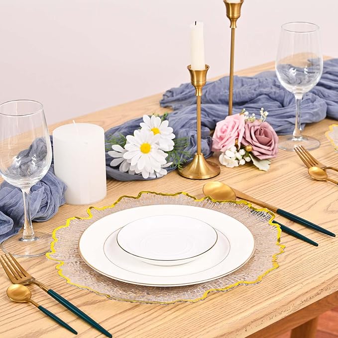 Pesonlook 24Pcs Gold Charger Plates Round 13inch, Clear with Gold Rim, Reef Charger Plate for Dinner, Bulk Plastic Floral Table Plates for Dinner Wedding Party Event
