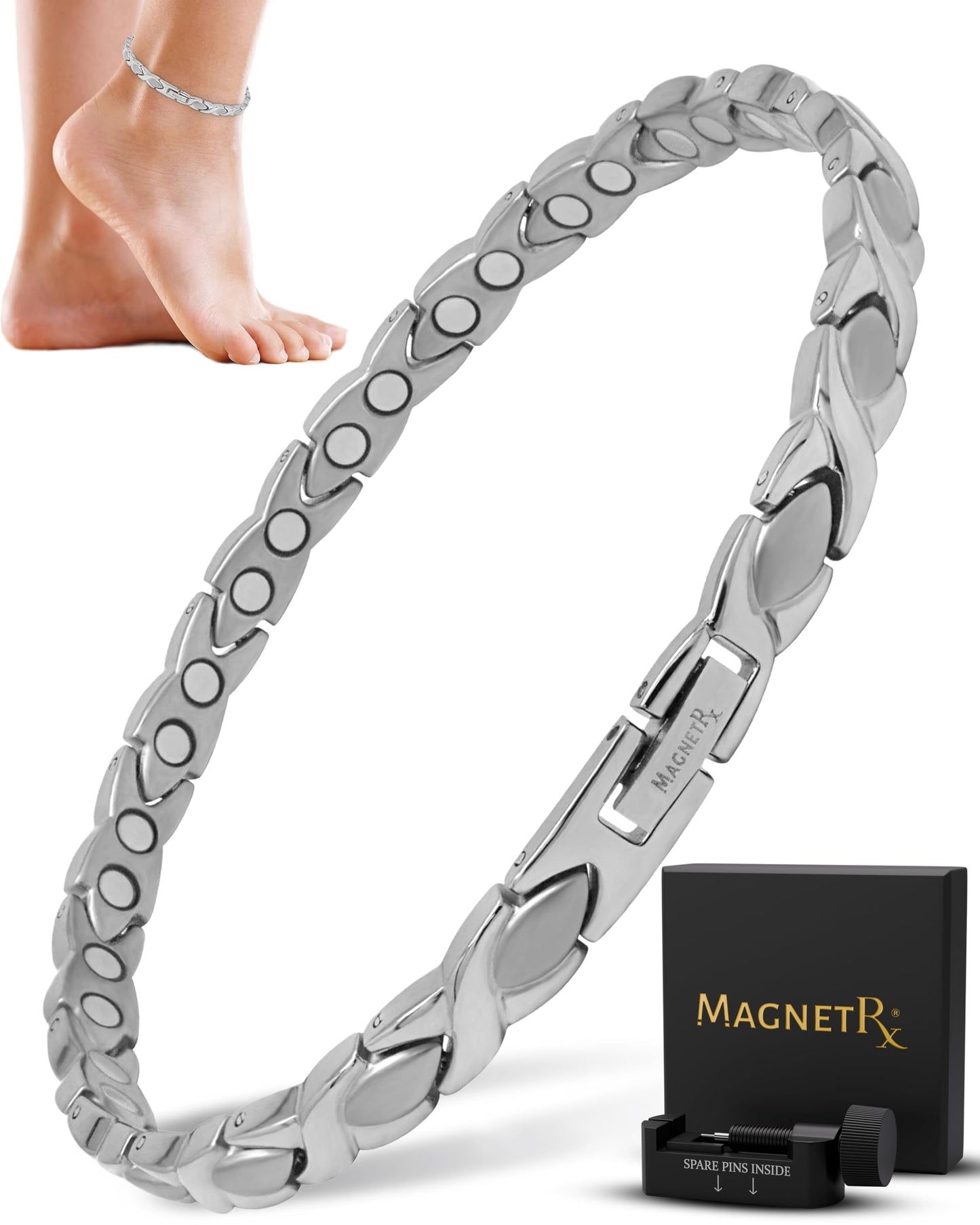 MagnetRX Womens Magnetic Ankle Bracelet – Ultra Strength Magnetic Anklets with 34 Magnets – Titanium Ankle Bracelets for Women (Silver)