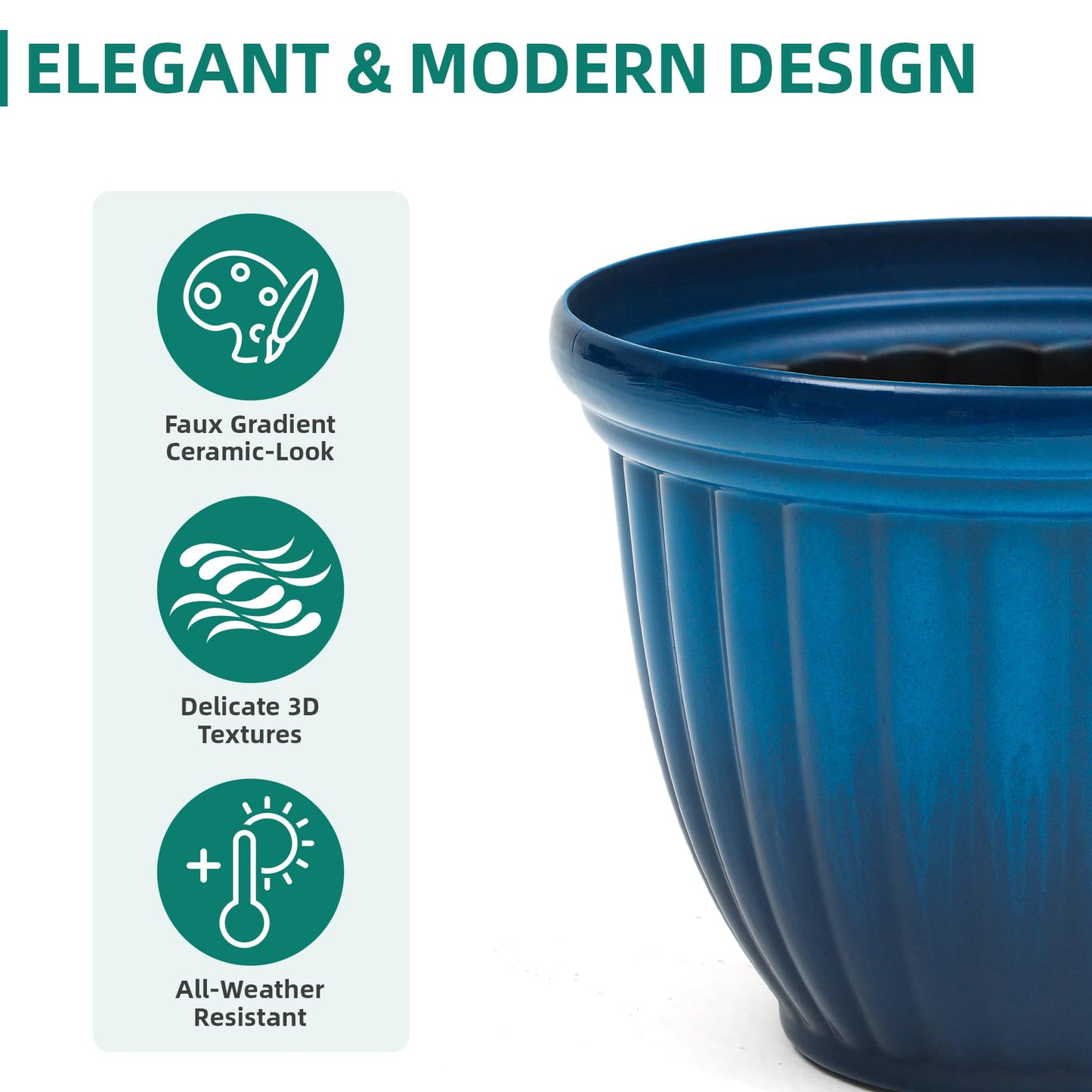 Ultym 15" Outdoor Large Flower Pots (Set of 2), Gradient Blue Plastic Planters with 3D Texture, Weather-Resistant for Garden, Patio, Porch or Indoor Use
