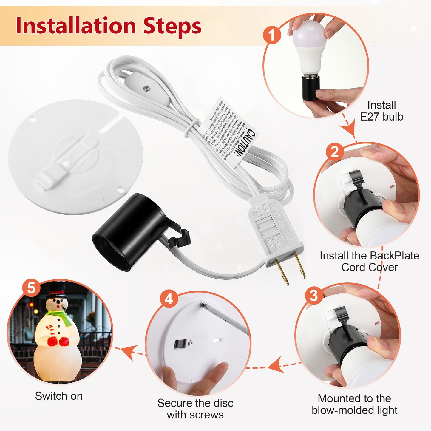 Meonum Blow Mold Light Kit Replacement, E27 E26 Single Light Cord Kit with Switch Fuse Plug, for Indoor Outdoor Halloween Christmas Village House Craft Decorations and Salt Lamp (1 Set)