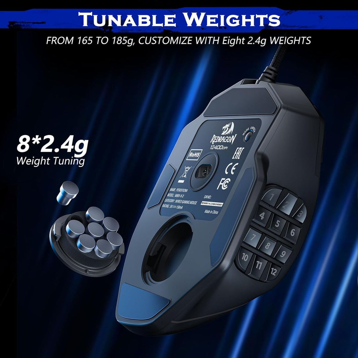 Redragon Gaming Mouse, MMO Mouse Gaming UP 12400 DPI, 19 Macro Programmable Buttons, RGB Mouse with 12 Side Buttons, 8 * 2.4g Weight Tuning for PC Laptop MOBA FPS, M901K, Black