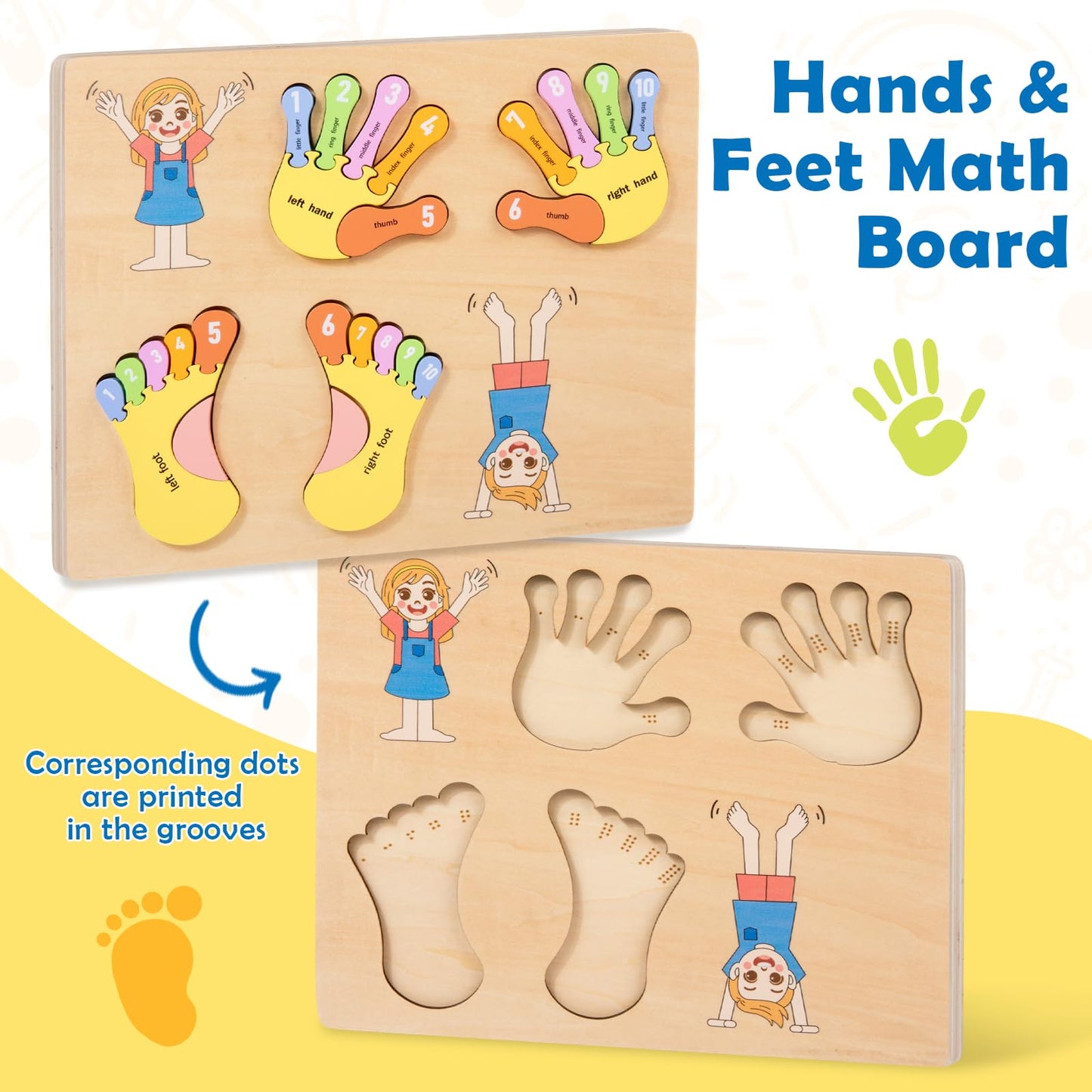 Adena Montessori Number Counting Blocks - Wooden Hands and Feet Shape Toy for Kids, Sorting & Counting Math for Home Classroom, Learn Numbers & Left and Right with Safe Wooden Blocks for Toddlers 3-4