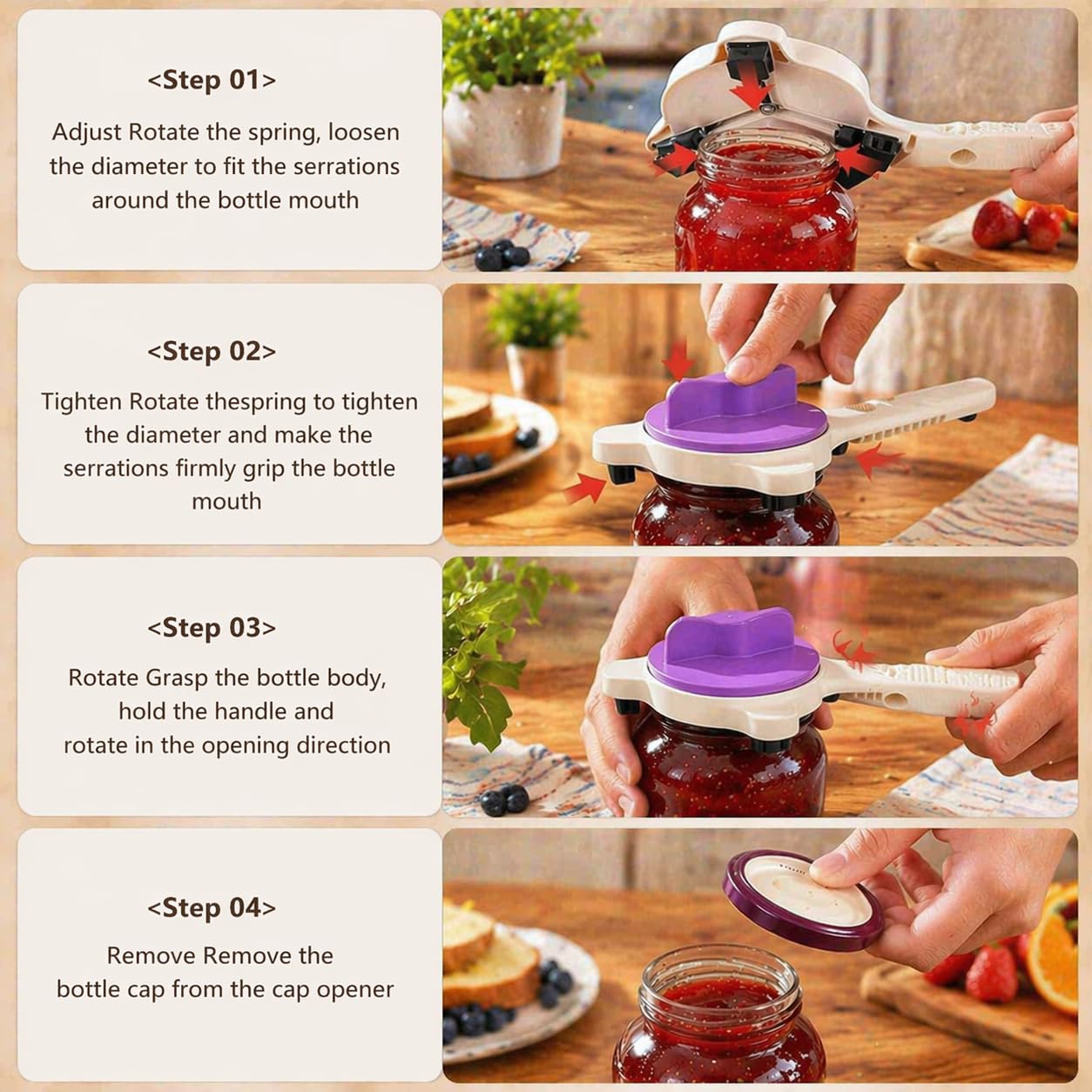 4-in-1 Multi-Purpose Jar Opener – Upgraded Adjustable Three-Claw Bottle Opener with Non-Slip Teeth, Multi-Size Lid Tool for Jars, Cans, Wine Bottles – Essential Kitchen Helper(black)