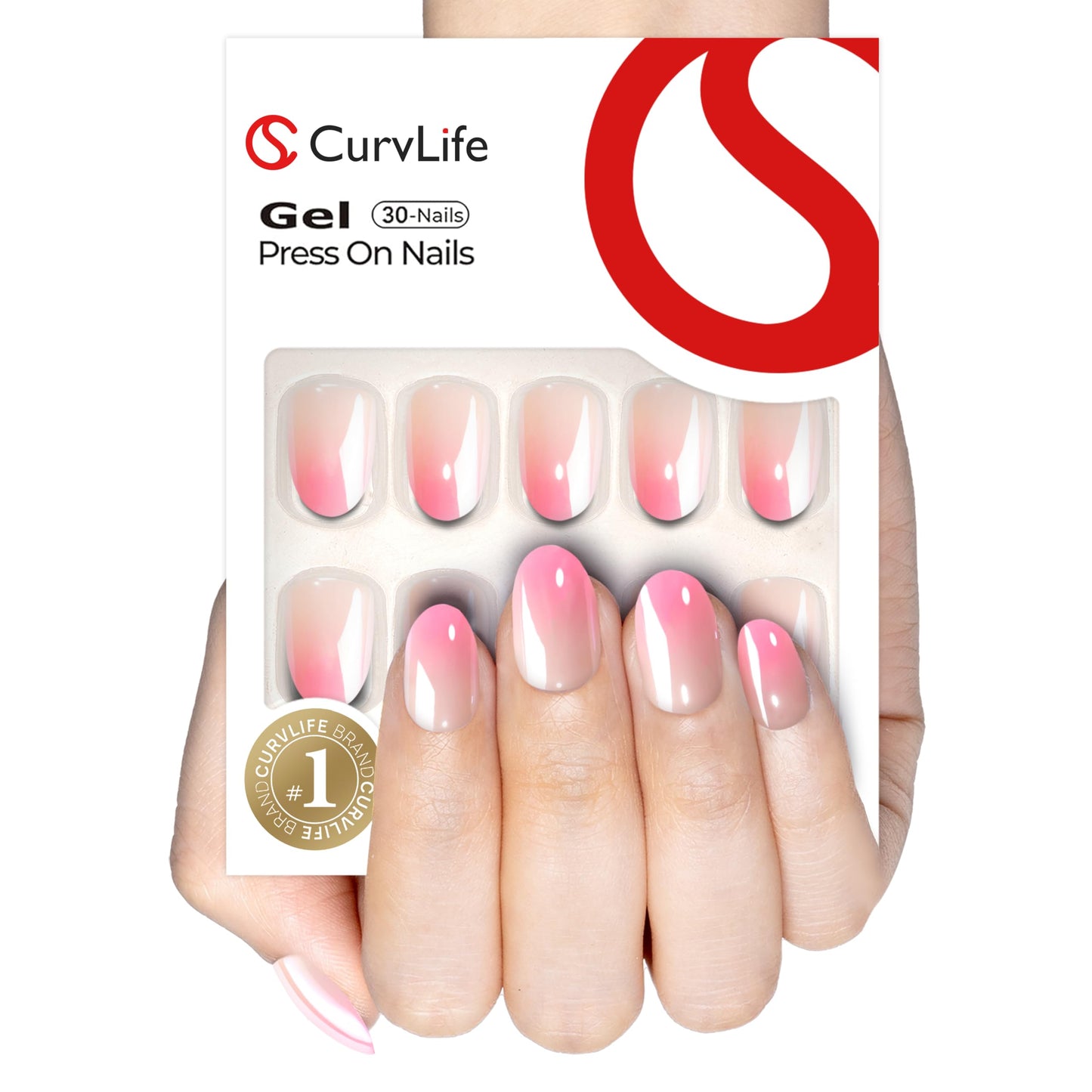 Curvlife Soft Gel Press On Nails Kit - 30pcs Full Cover False Gradient Bright Pink High-Shine Chrome Nail Tips Designs, Fake Nail with Nail Glue - Easy Application Nail Accessories for Women