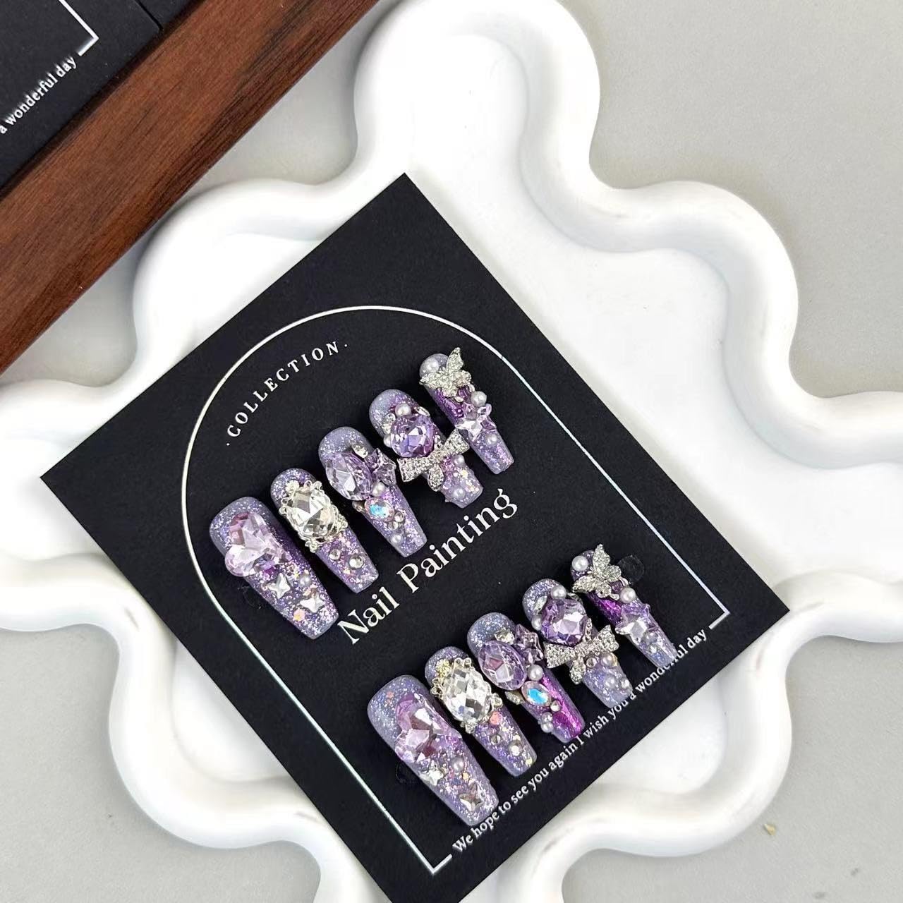 100% Handmade Press on Nails Diamond Long Coffin Fake Nails Purple Glitter False Nails with Rhinestone Design Silver Butterfly Nail Charms Glue on Nails Handmade Nail Press ons for Women Size L