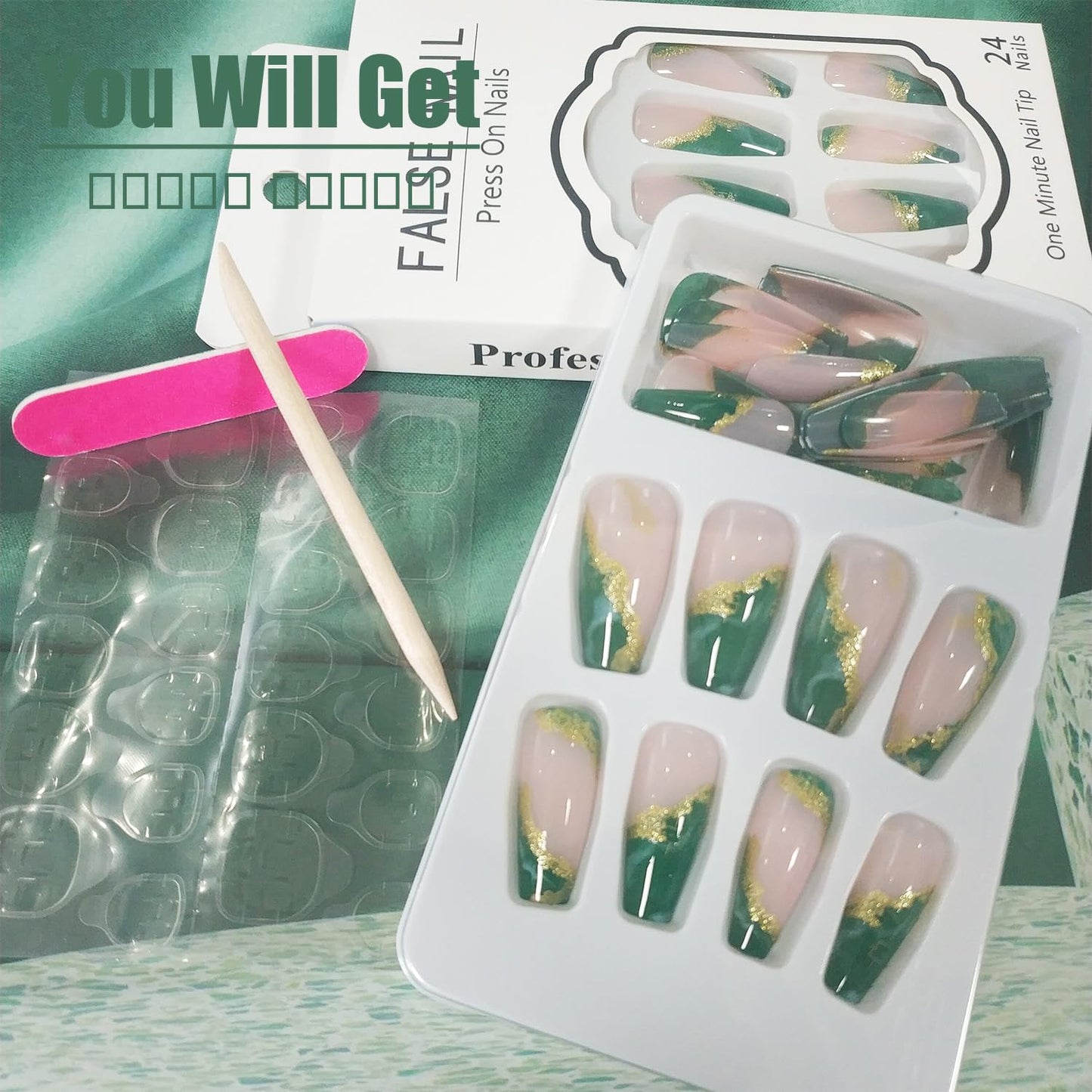 Dark Green Press On Nails - Medium Marble False Nails with Glitter Designs, Glossy Gold Foil, Coffin Shape, Reusable Acrylic, Full Cover Artificial Nails, Glue On, 24pcs