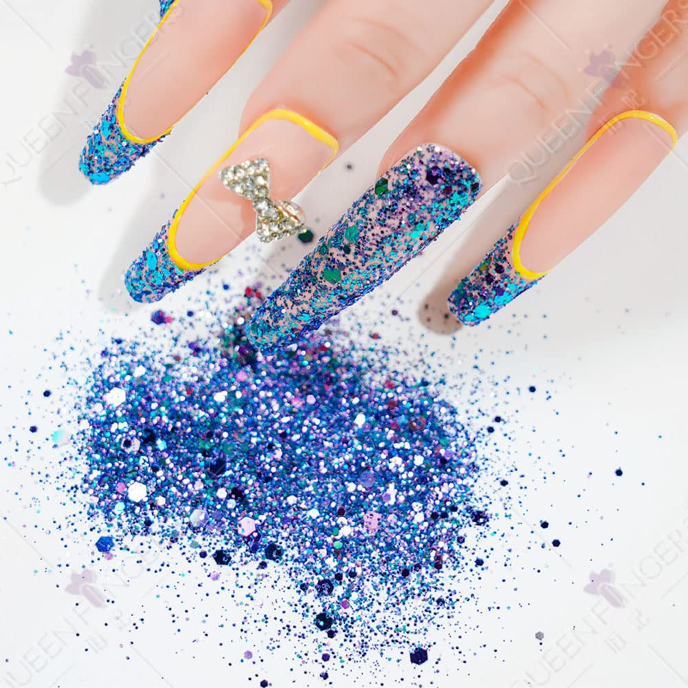 Mesiyun 12 Pots Holographic Nail Art Sequins 3D Laser Chameleon Chunky Nail DIY Sparkly Glitter Flakes for Women Manicure Tips Decorations