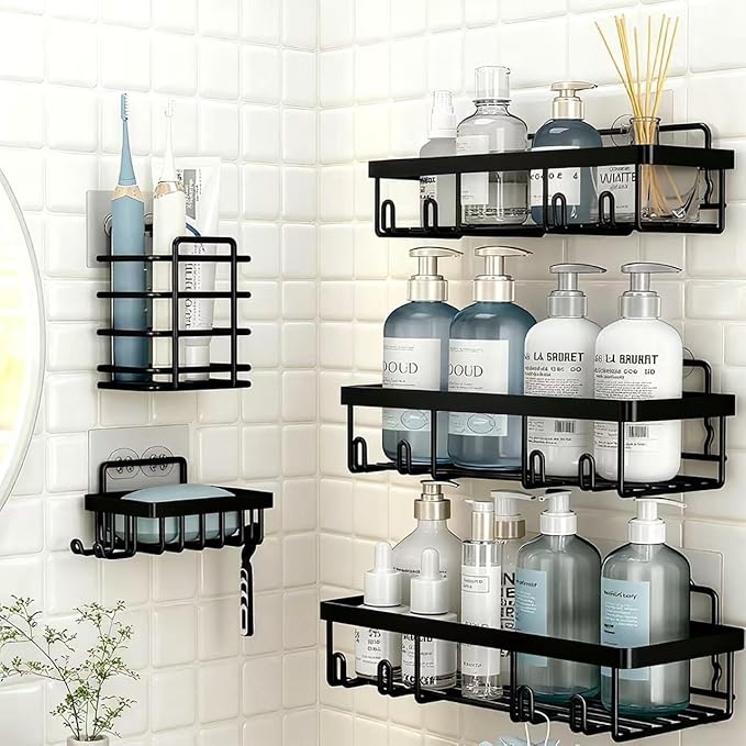 Adhesive Shower Caddy, 5-Pack Shower Caddy Hanging Bathroom Storage Organization, No Drilling Shelves with Soap Caddy & Toothbrush Wall-Mounted Shower Holder, Rustproof Bathroom Shelves