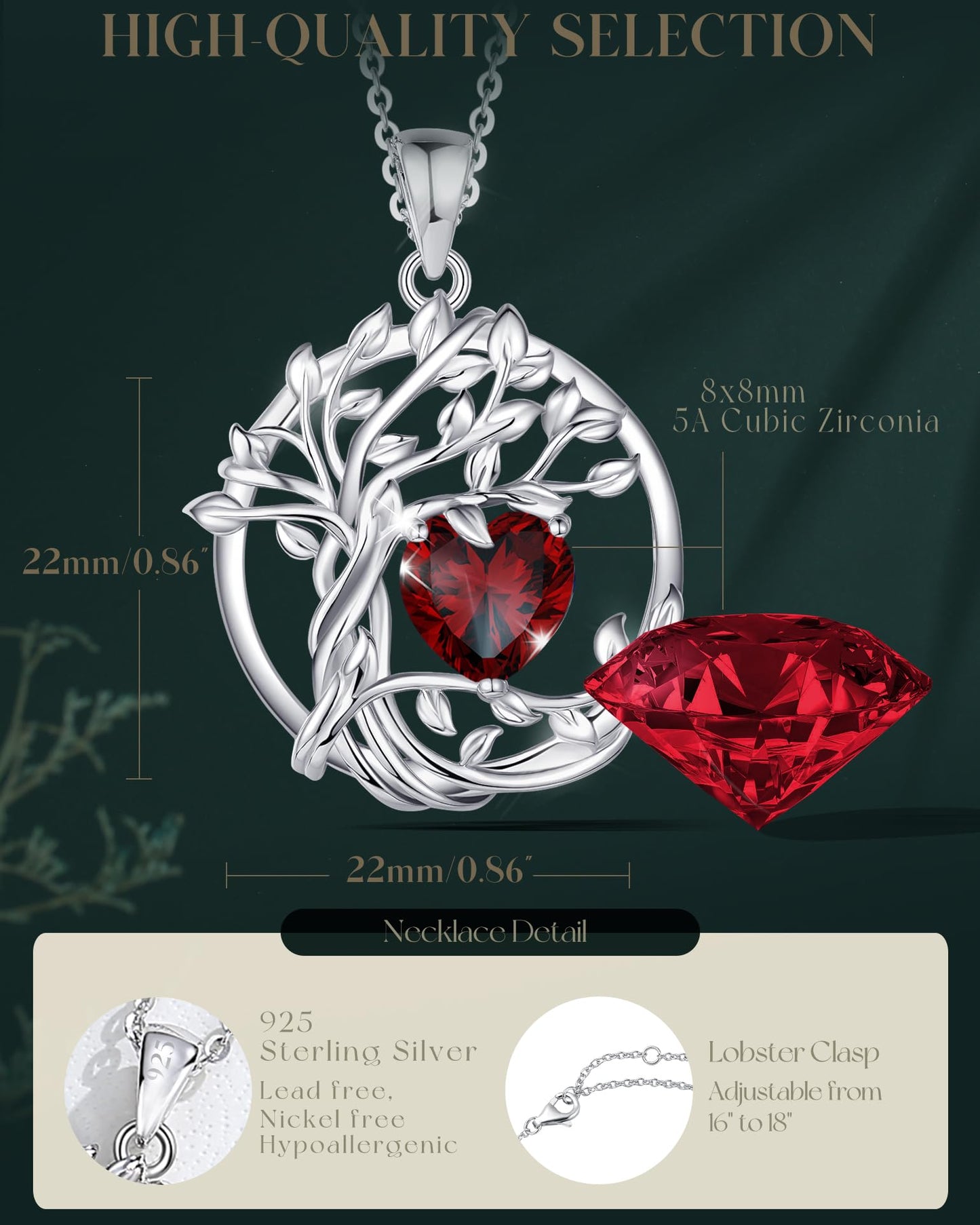 FANCIME Tree of life Birthstone necklace for women Sterling Silver Tree Jewelry Garnet Pendant January Birthstone Necklace Red Gemstone Anniversary Birthday Mothers Day Gifts for Wife Her