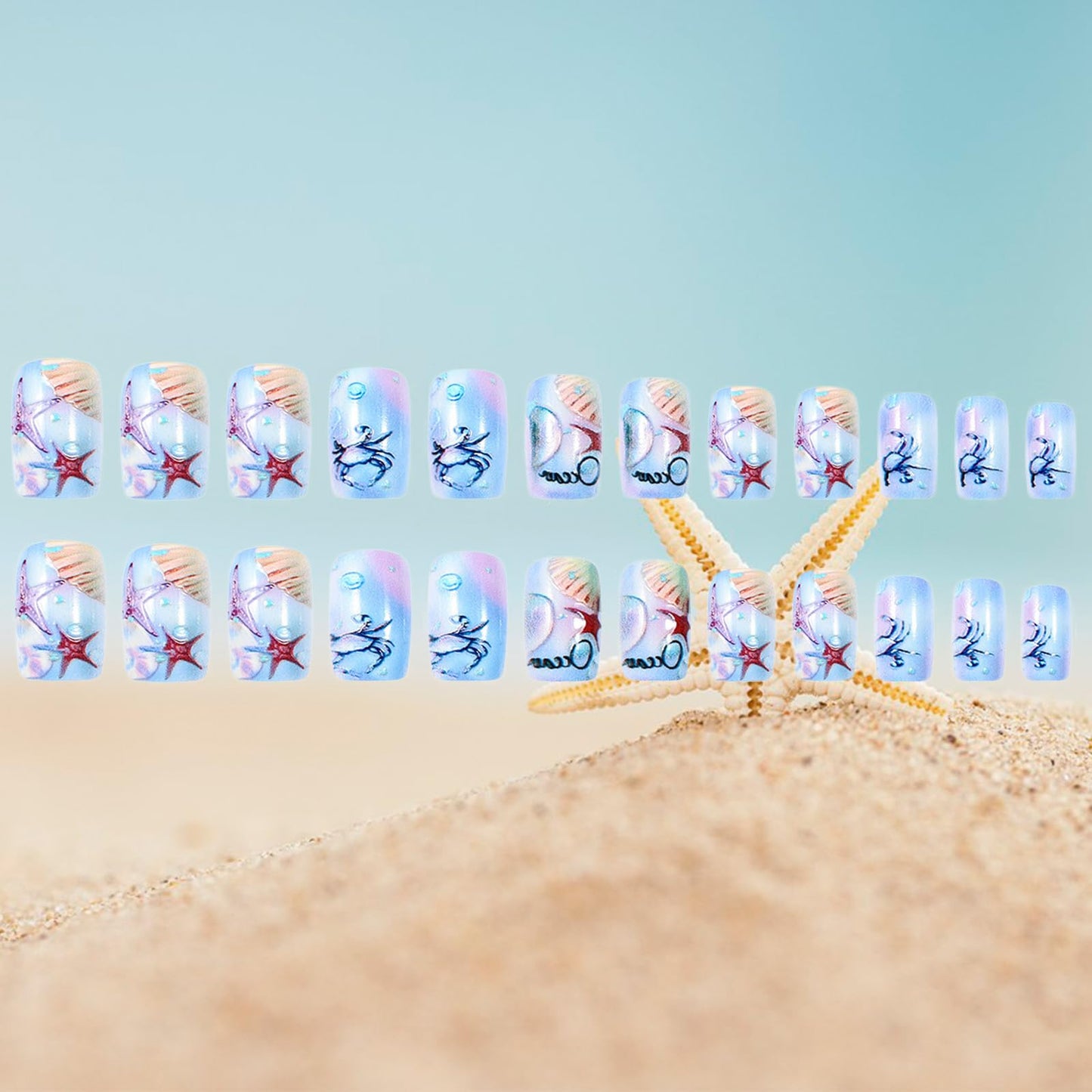 GCSQW Summer Press On Nails Medium Square Acrylic False Nails 24Pcs with Shell Starfish Designs Ocean Style Glossy Full Cover Stick on Nails Kit