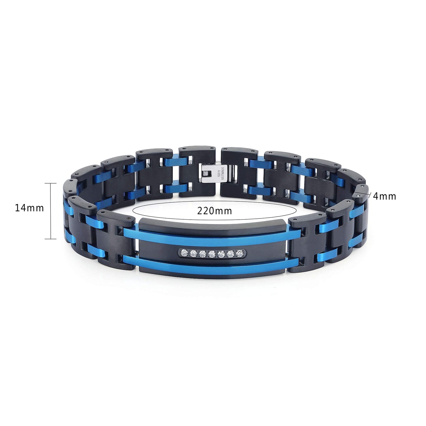 Zillaly Men's Stainless Steel Two-Tone Square Link diamond Bracelet in Black & Blue Ion-Plated Black (Black & Blue & Diamond)
