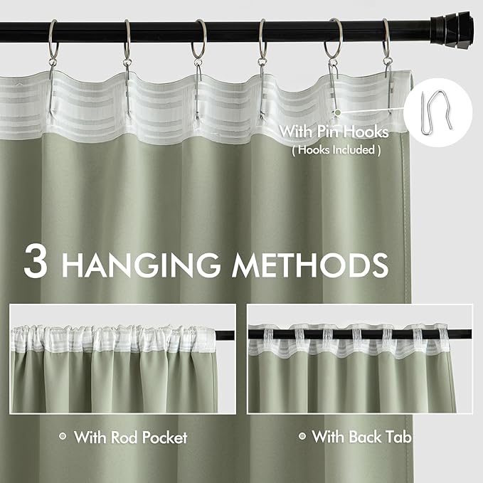 MIULEE Back Tab Sage Green Curtains 90 Inch Long 2 Panels Set for Living Room Bedroom Privacy, Rod Pocket/Pinch Pleated Light Blocking Thermal Insulated Room Darkening Blackout Curtains, 52 x 90 Inch
