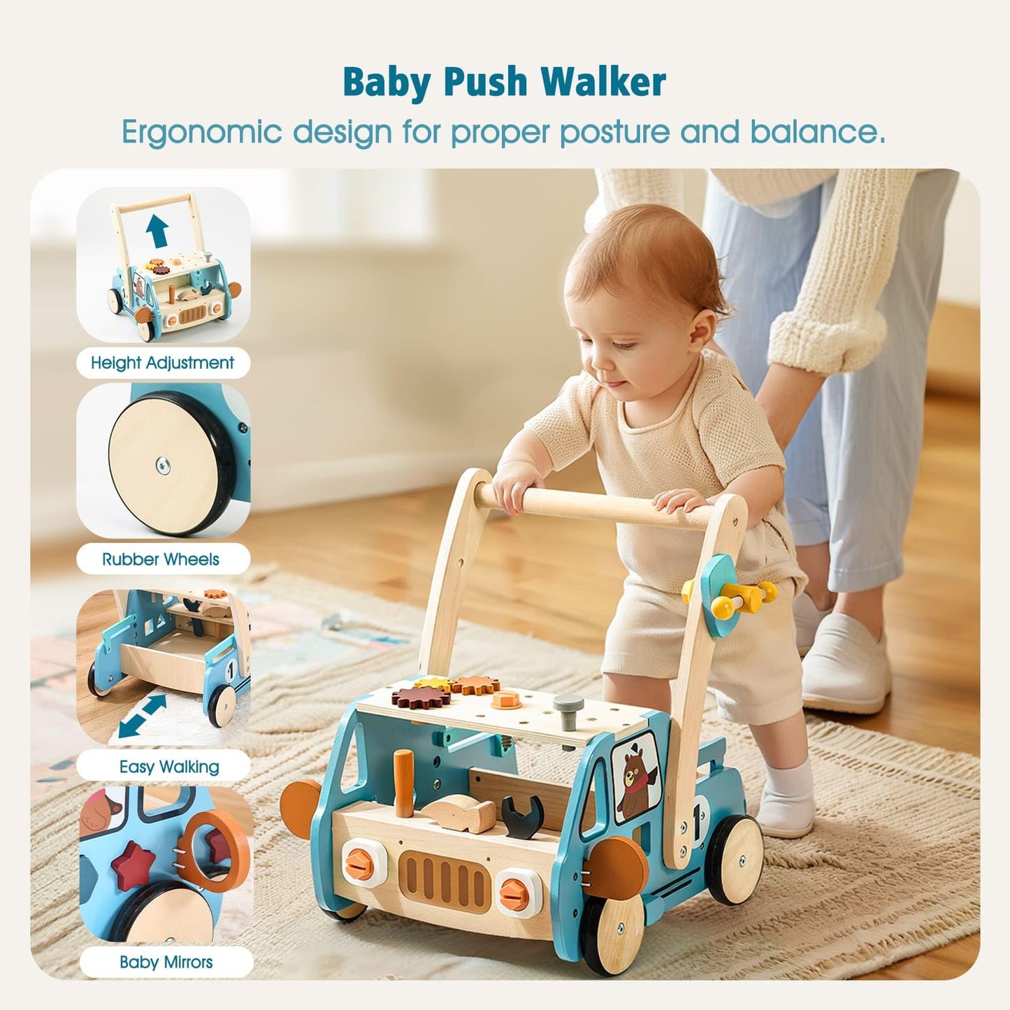 IEATFO Wooden Baby Walker Adjustable Height with Tool Bench and Toy Storage Wagon - Multifunctional Toddler Push Walker Ergonomically Designed for Natural Walking - 3+ Years of Continuous Use
