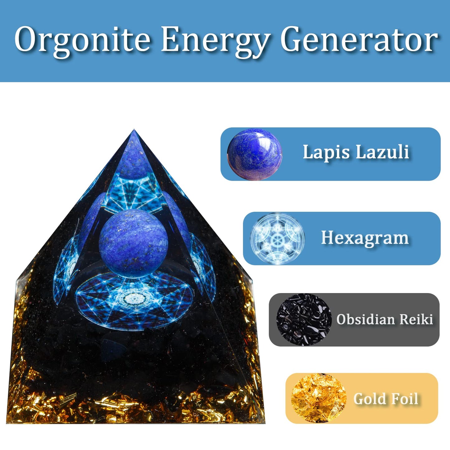 Orgone Pyramid, Lapis Lazuli Healing Crystal Pyramid and Orgonite Healing Stones, Protection Crystal Energy Generator for Meditation, Stress Reduce, Yoga