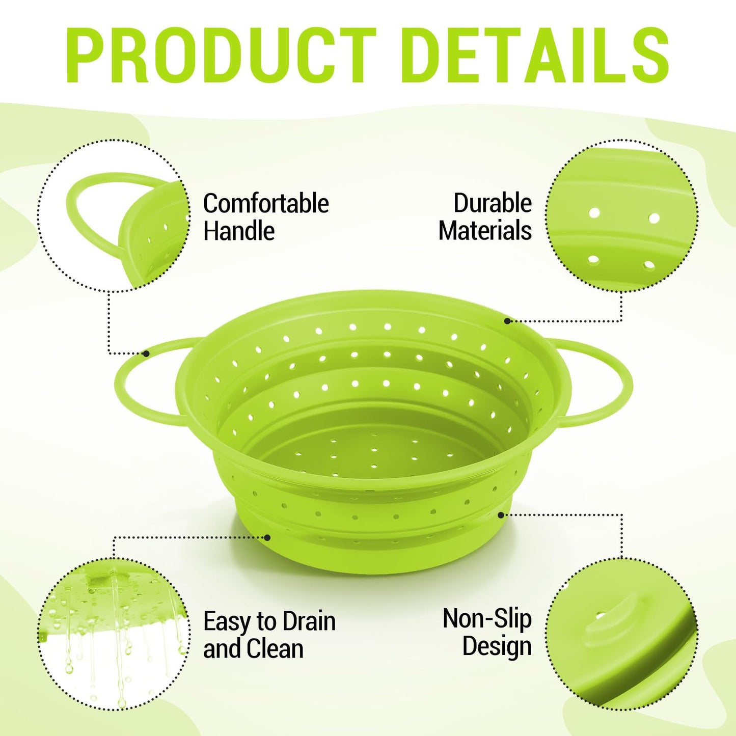 Afarnook 3 Pack Collapsible Colander with Strainer Bowl Set, 11 & 13 In BPA-Free Silicone Colanders for Kitchen, Heat-Resistant Strainer Dishwasher Safe Baskets for Vegetable Fruits (Green)
