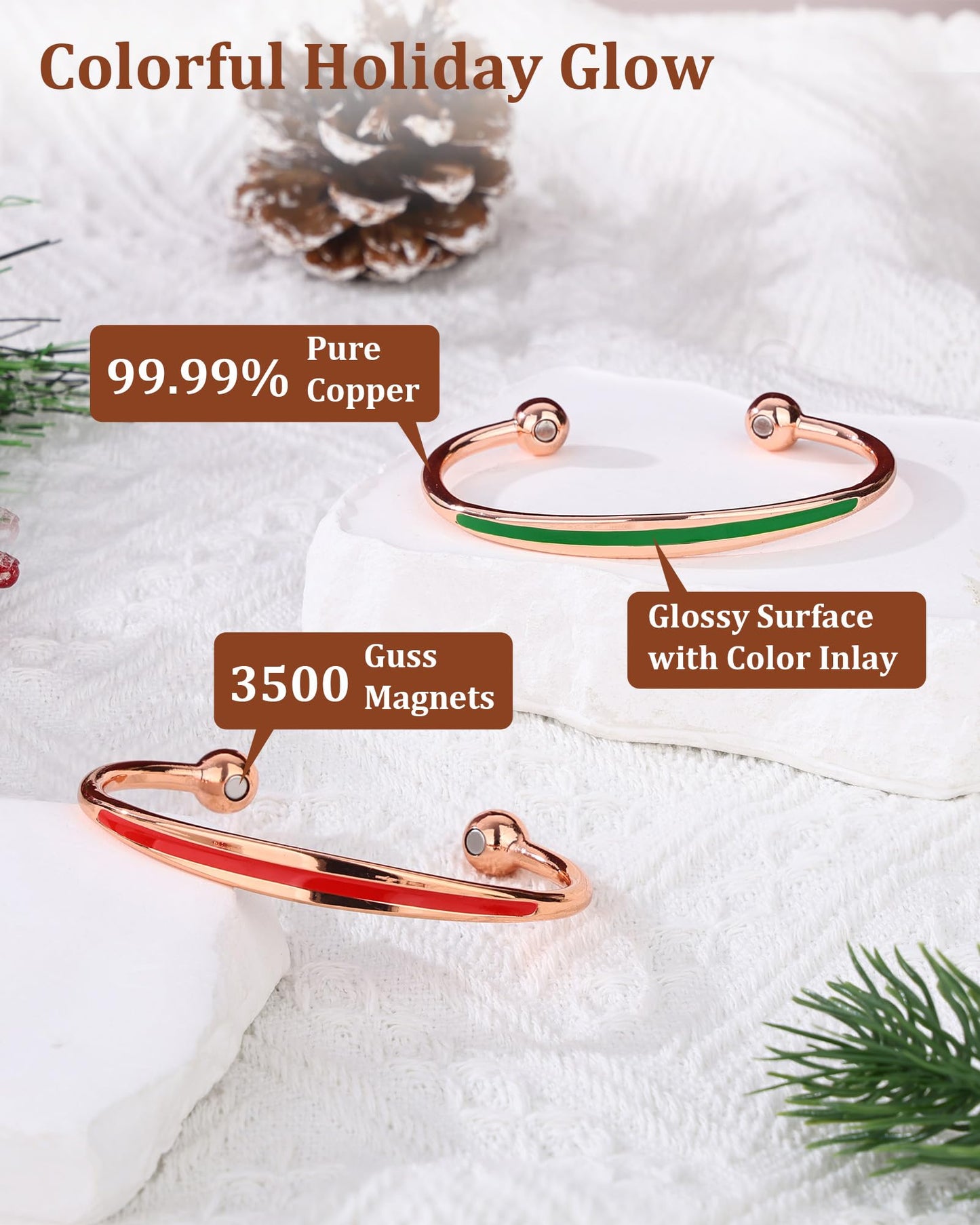 BioMag 2Pcs Copper Bracelets for Women Men, 99.9% Pure Copper Magnetic Bracelet Cuff Bangle with 8Pcs Magnets, Adjustable Jewelry Gifts (Green, Red-XMAS)