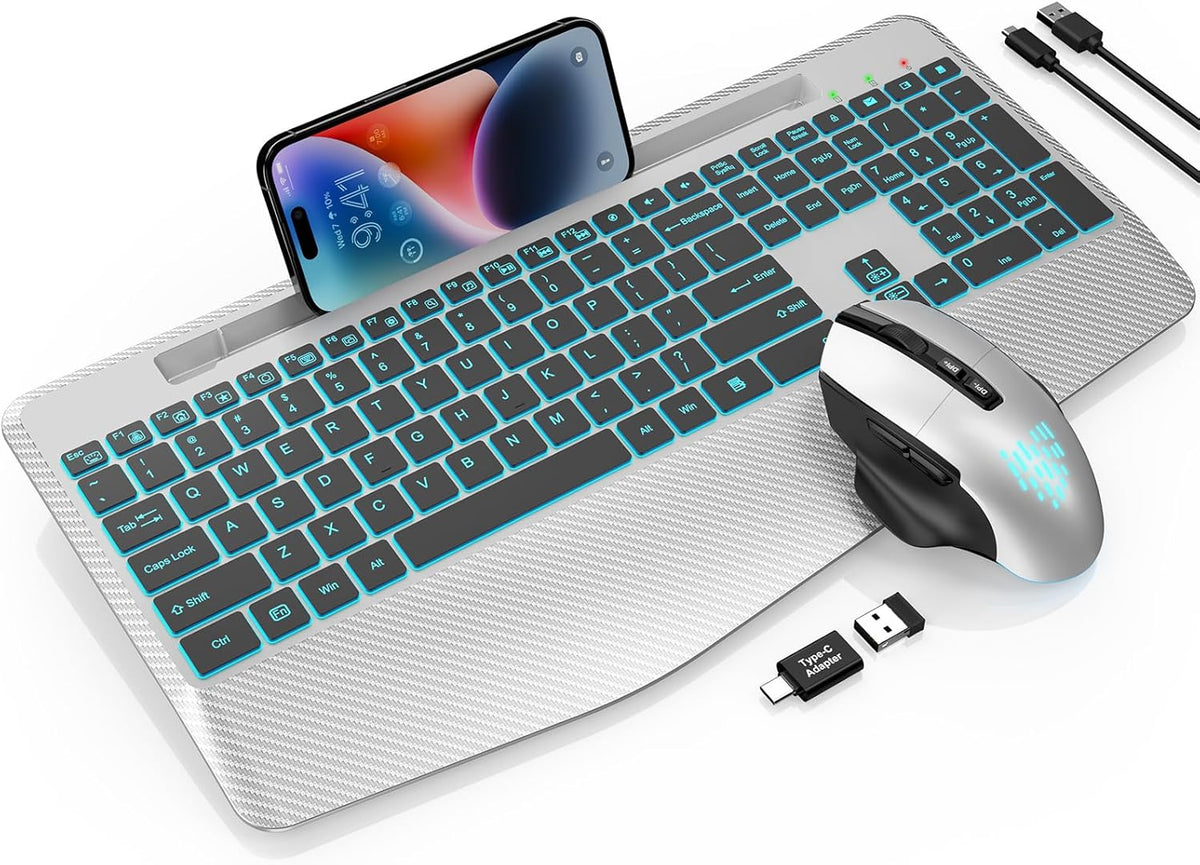 Wireless Keyboard and Mouse Backlits, Wrist Rest, LED Mouse, Rechargeable Ergonomic Keyboard with Phone Holder, Silent Light Up Combo for Computer, Mac, PC, Laptop, Chromebook (Silver Black)