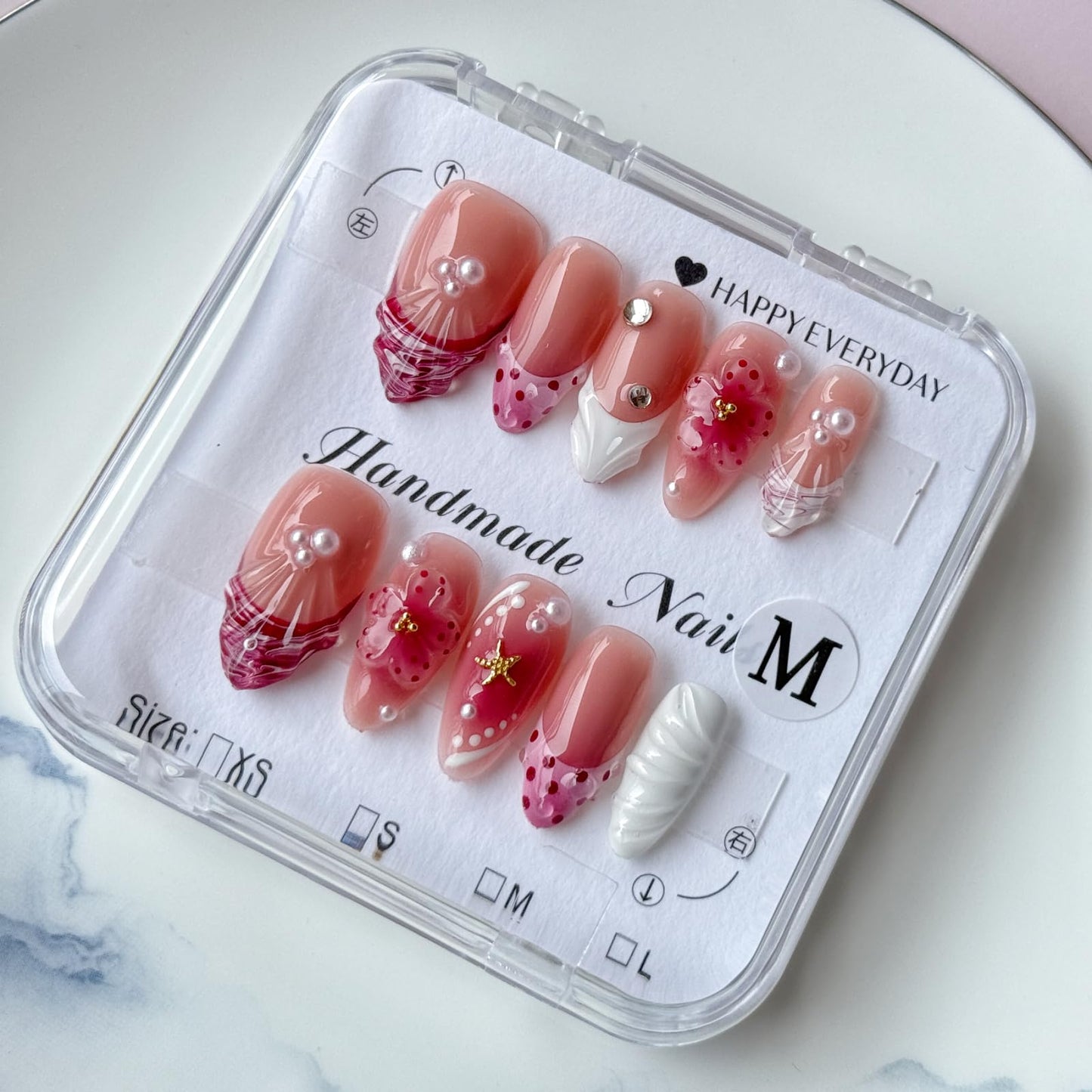 Haozerart Luxury Handmade Press On Nails - Medium Almond Fake Nails French Style With Red 3D Floral And Raised Shell Accents Salon Quality Reusable Nails For Women 10PCS Size M