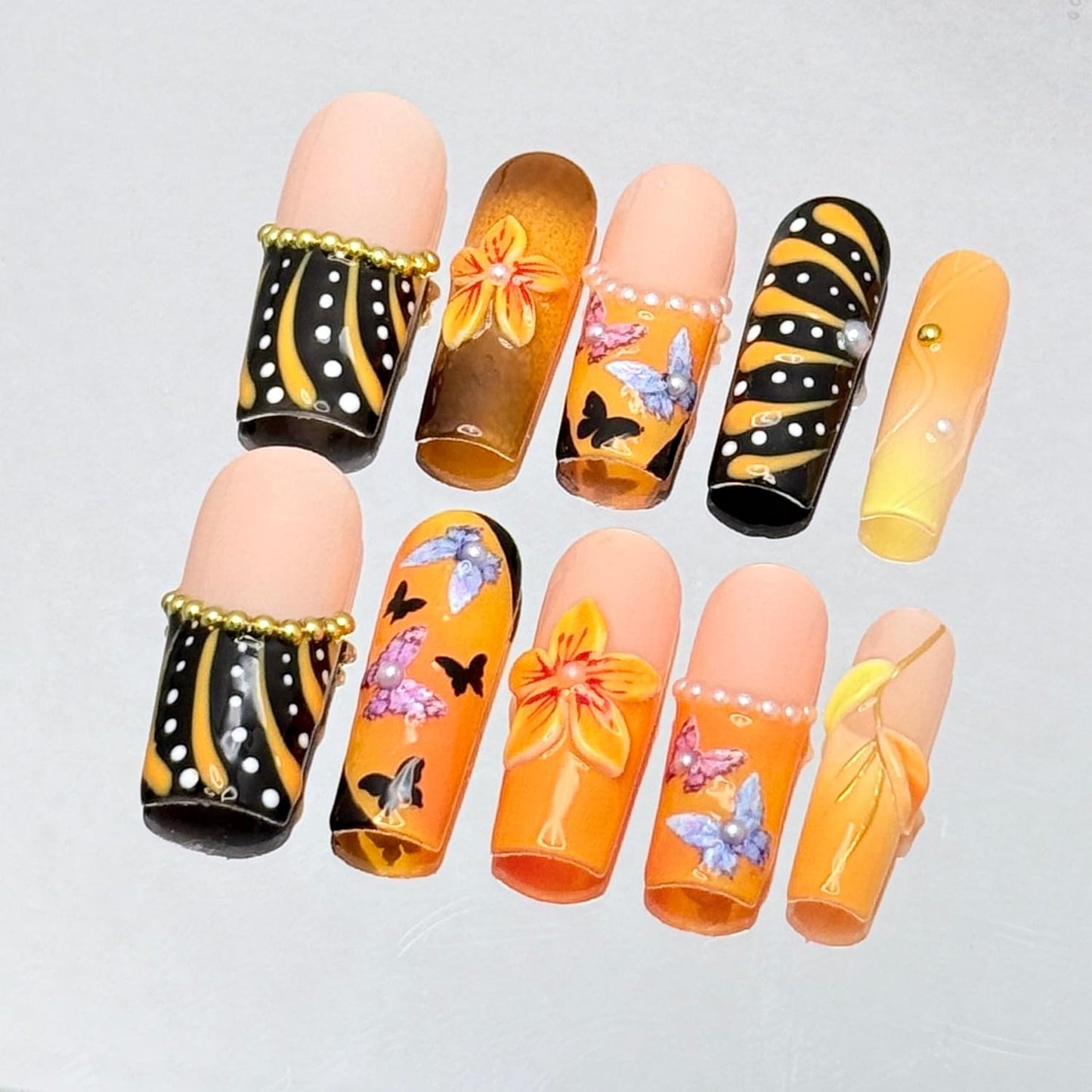 Handmade Nails French Press on Nails Long Square Fake Nails with Glue,Glitter Butterfly False Nails with 3D Flower Designs Orange Thick Nails Reusable Nature Stick on Nail for Wome (Size S)